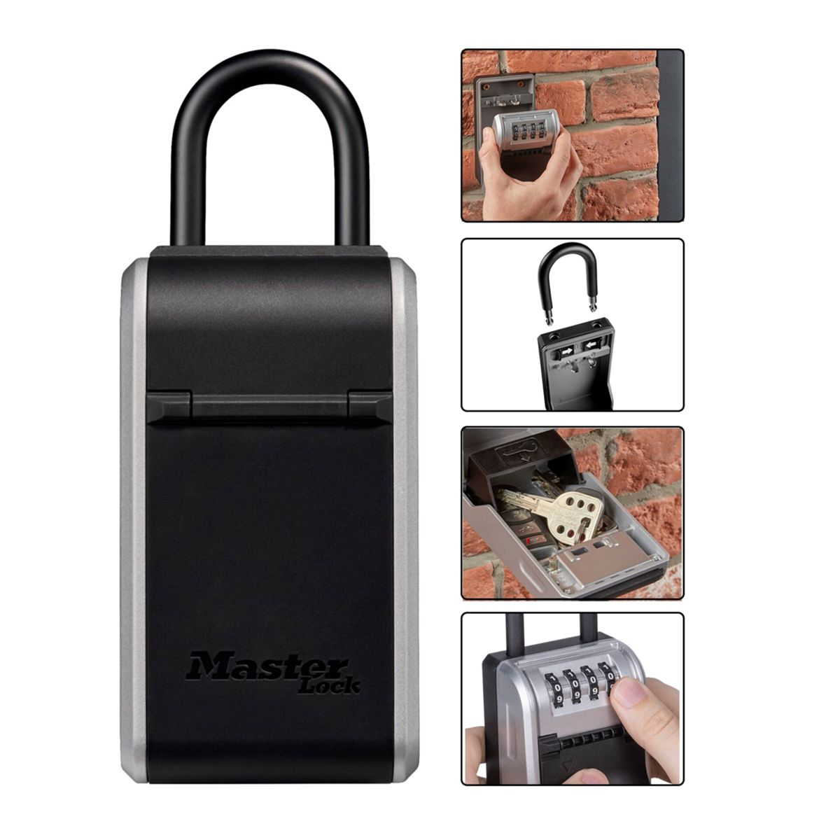Una cassetta portachiavi Master Lock con combinazione, montata su muro di mattoni.