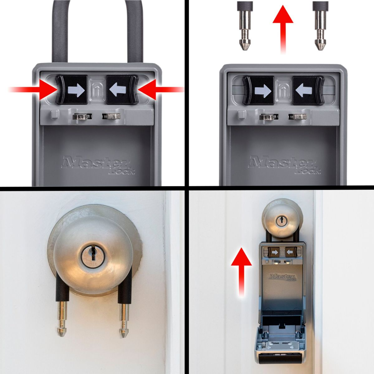 Istruzioni cassaforte Master Lock: pulsanti e manopola. Frecce indicano azioni.