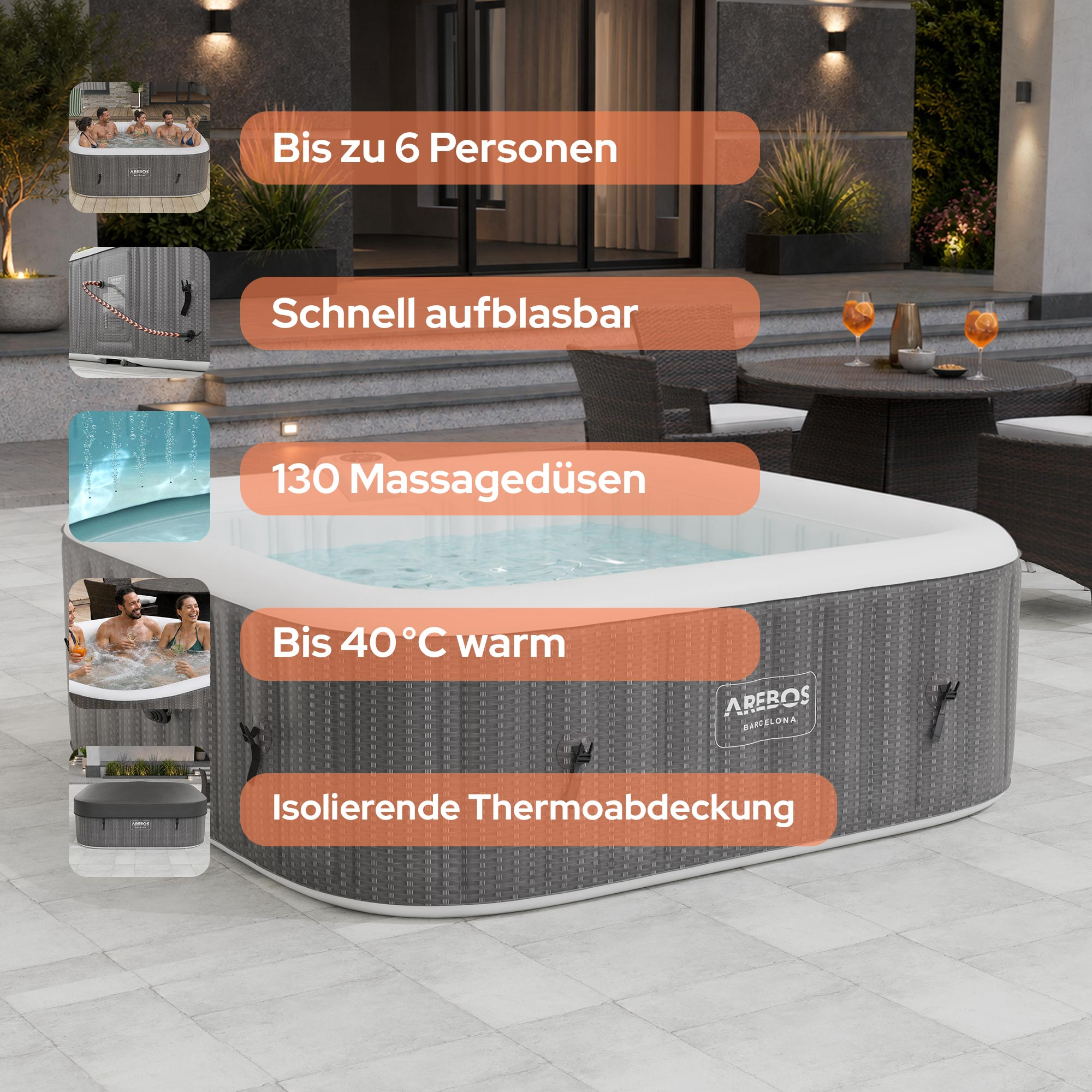 Aufblasbarer Whirlpool für 6 Personen, schnell aufblasbar, 130 Düsen, bis 40°C warm.