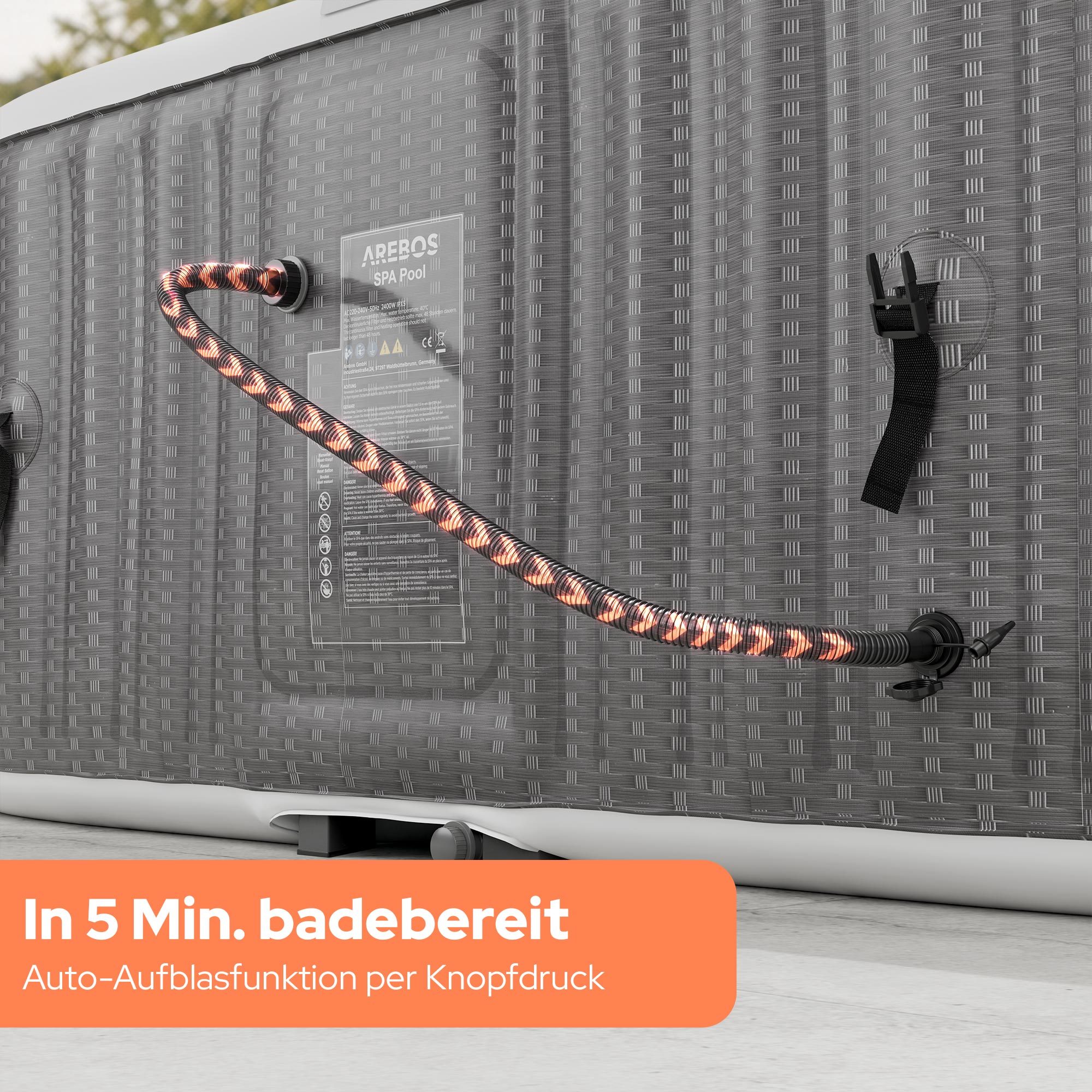 Grauer Spa Pool mit beleuchtetem Schlauch und orangefarbenem Textfeld.