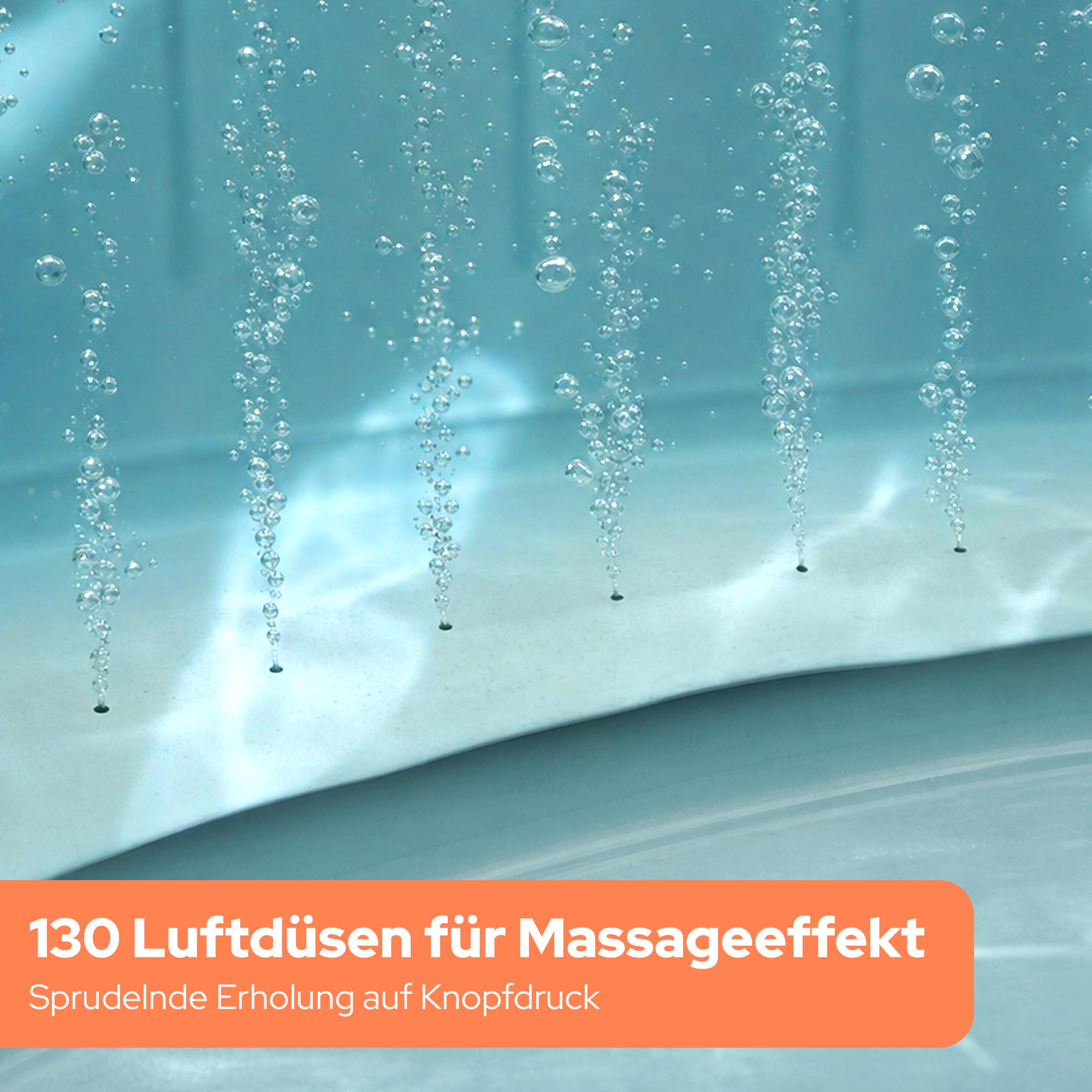 Luftblasen steigen in türkisfarbenem Wasser auf, mit Text.