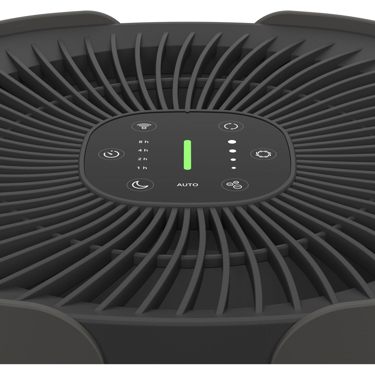Primo piano di una ventola di purificatore d'aria nero con pannello di controllo che mostra le impostazioni del timer e della modalità.