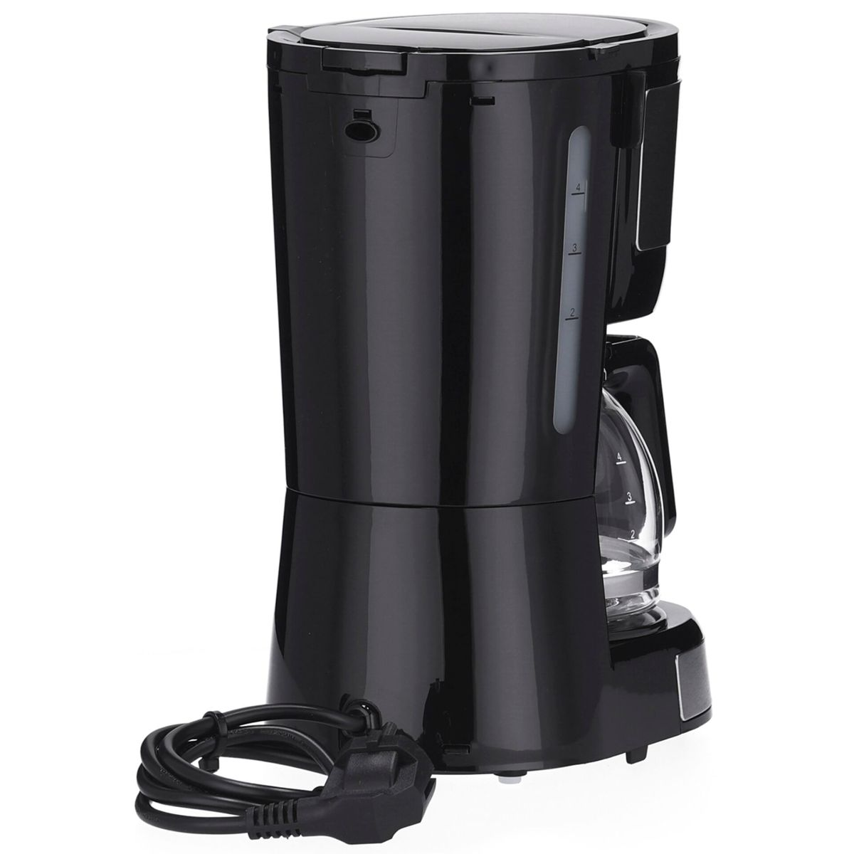 Cafetera negra con jarra de cristal y cable de alimentación.