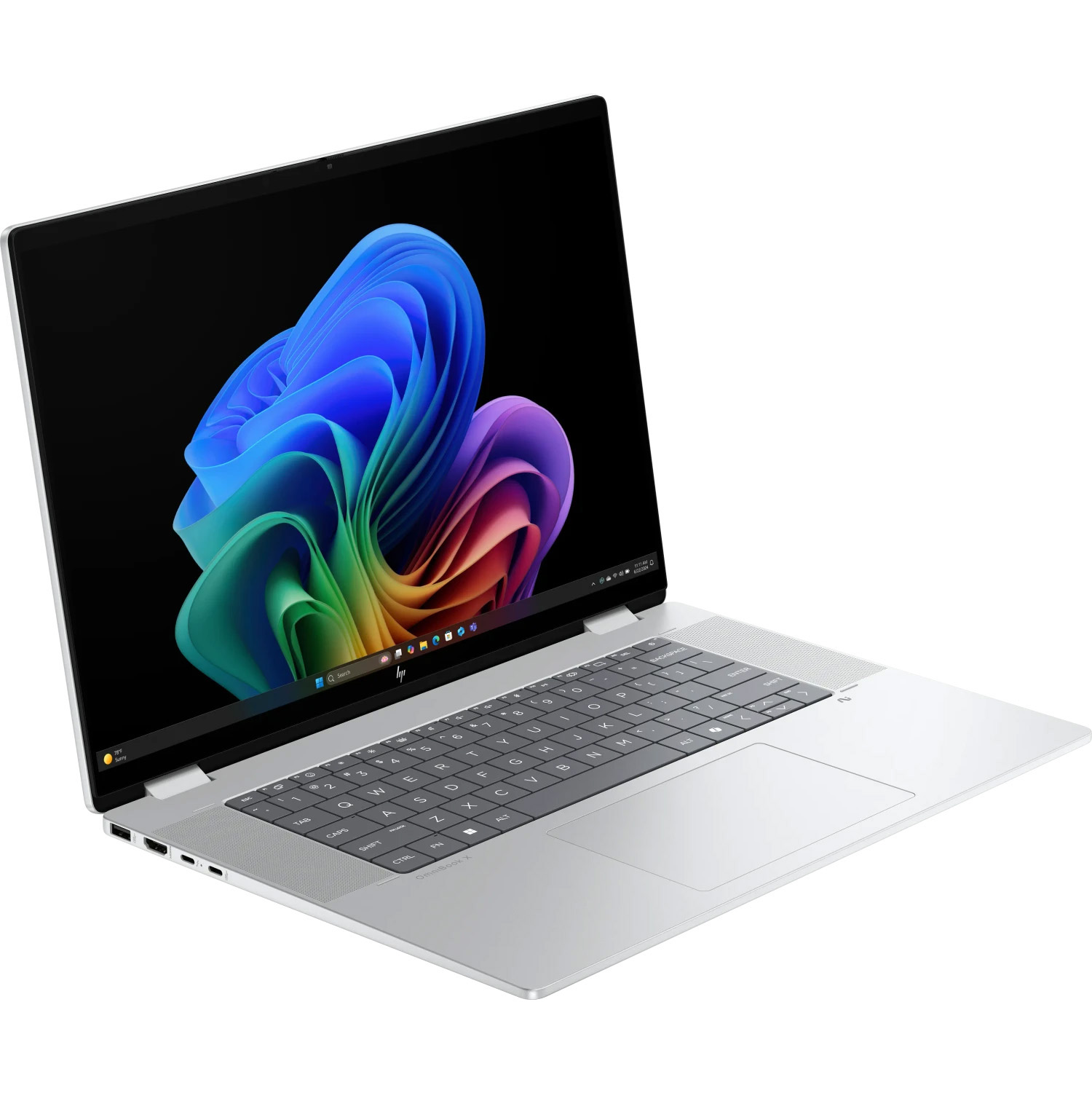 Silberner HP OmniBook X Laptop geöffnet, zeigt farbenfrohe abstrakte Tapete auf Bildschirm u. Tastatur.