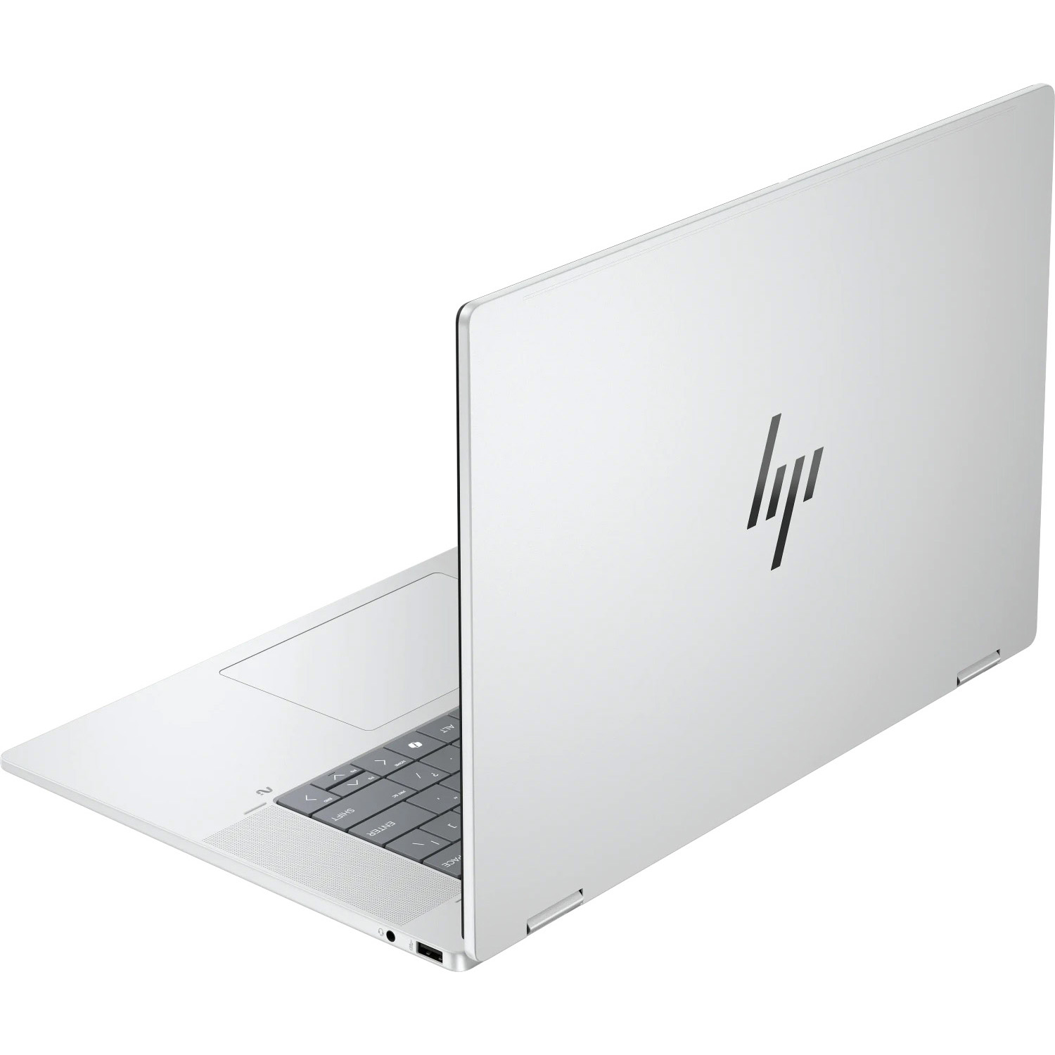 Ein weißer HP Laptop mit dem Logo auf dem Deckel, von der Seite gezeigt.
