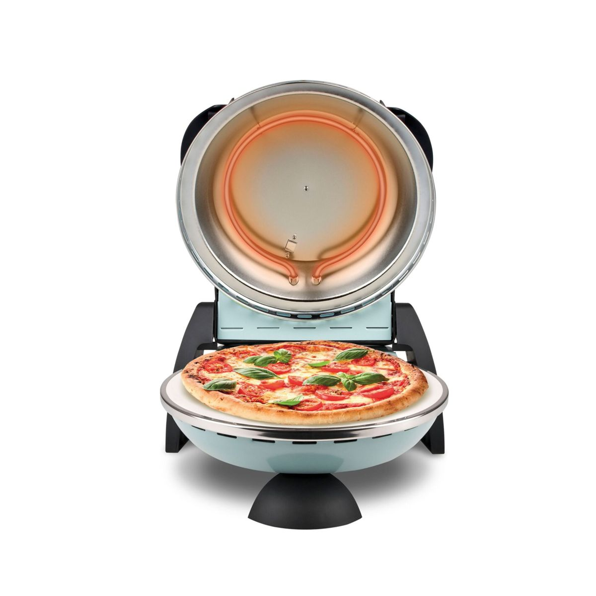 Ein offener Pizzaofen mit einer leuchtend roten Heizspirale und einer frisch belegten Pizza.