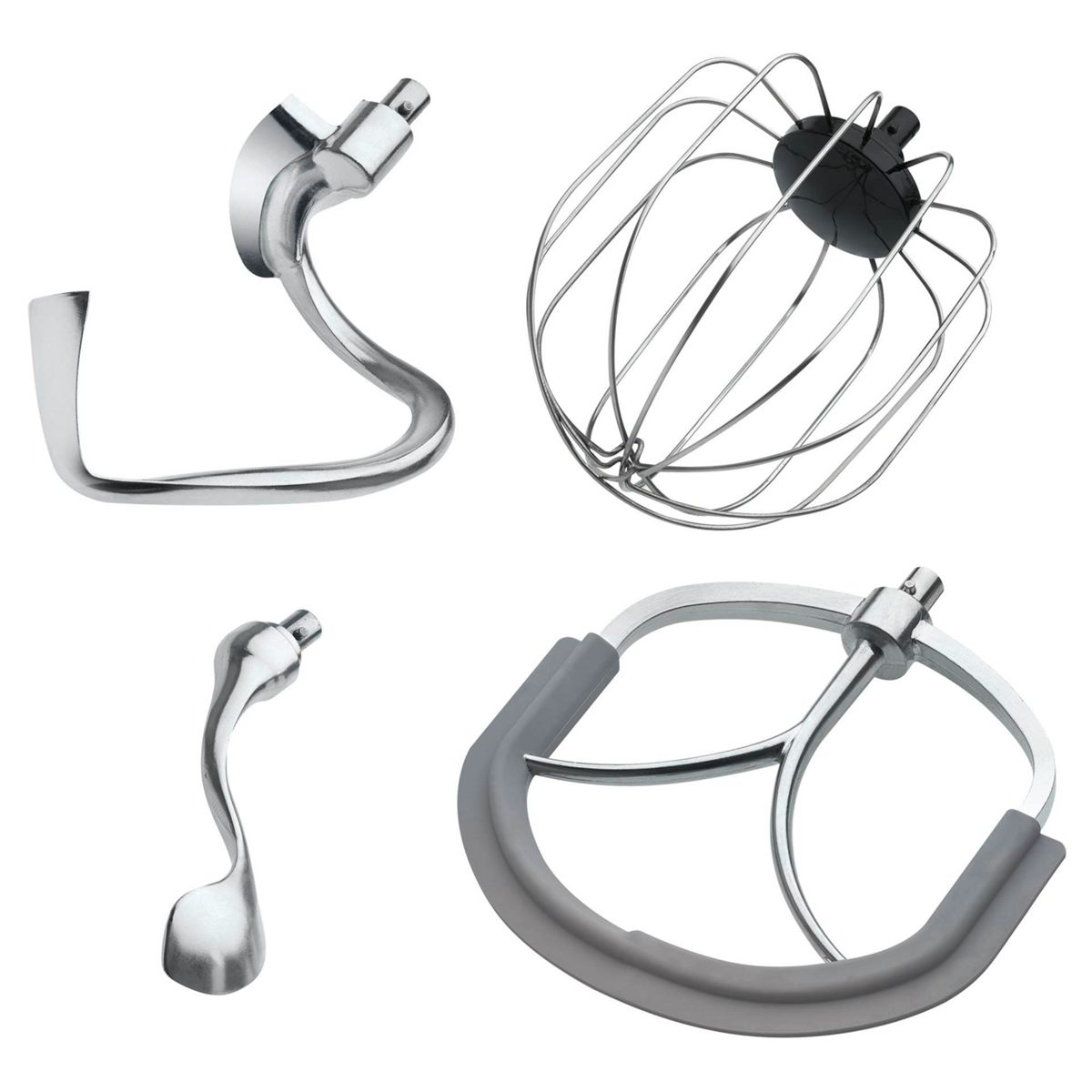 Quattro accessori per impastatrice: gancio, frusta, foglia.