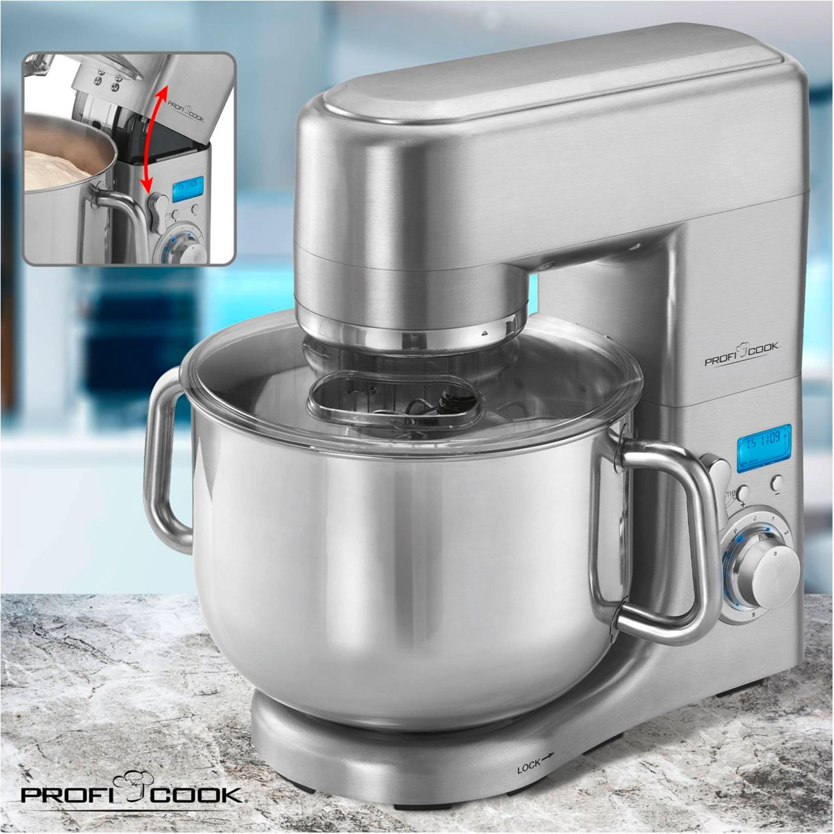 Impastatrice argento con ciotola in acciaio inox, coperchio trasparente e display digitale.