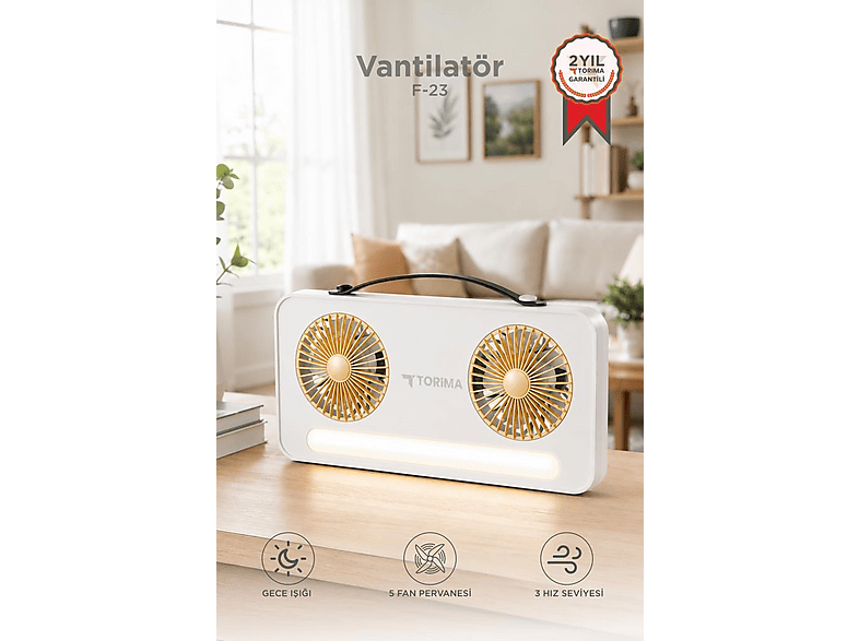 TORIMA Led Işıklı Şarjlı Çift Fanlı Mini Fan 1200 Mah F23 Masaüstü Vantilatör Beyaz