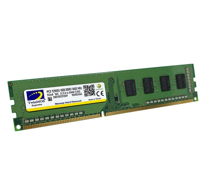 TwinMOS Supreme marka yeşil 8 GB DDR3 RAM modülü.