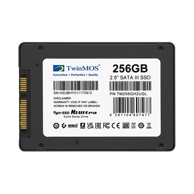 Sol tarafında konektörleri olan siyah bir TwinMOS 256GB 2,5 inç SATA III SSD.