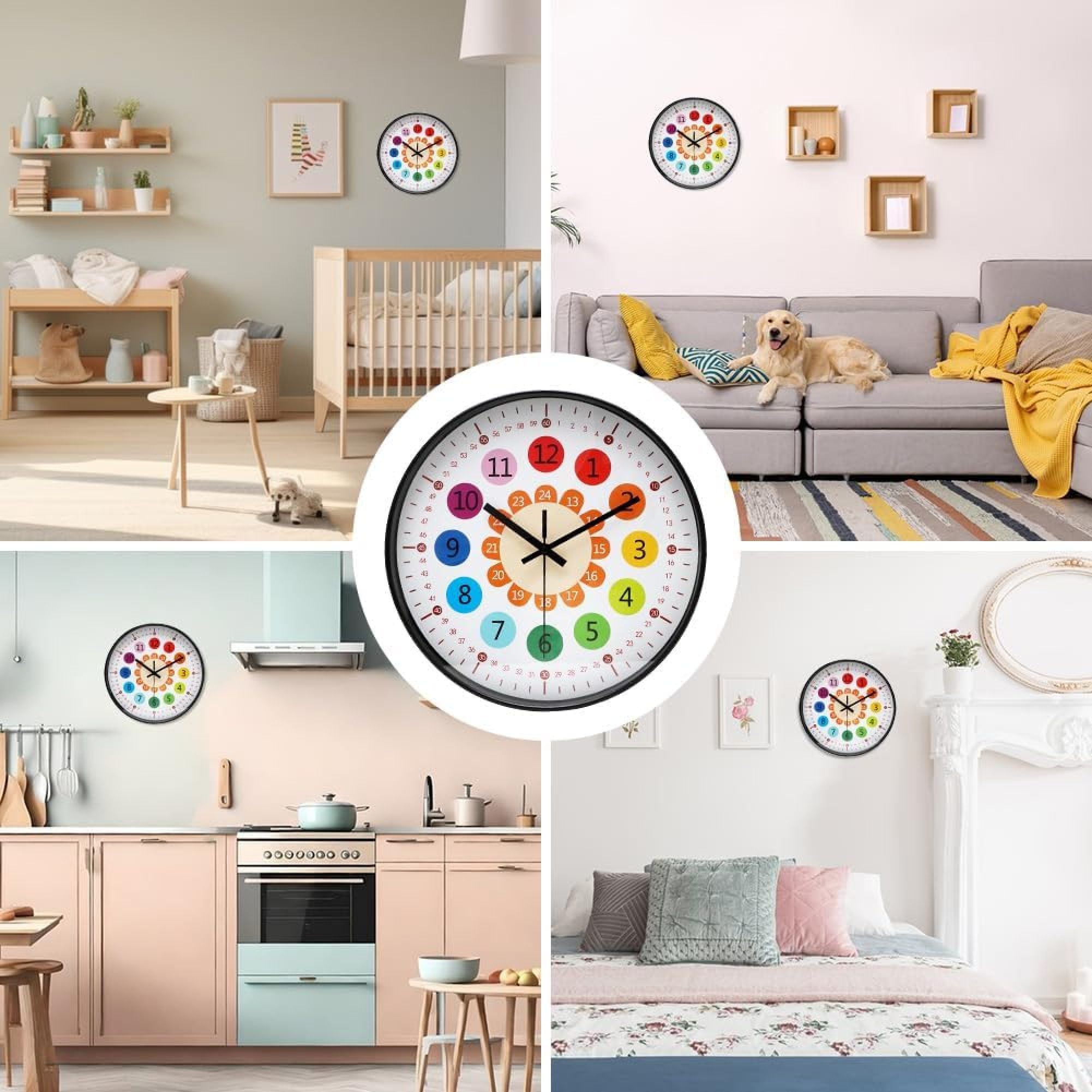 Collage aus vier Szenen: Babyzimmer, Wohnzimmer, Küche und Schlafzimmer.