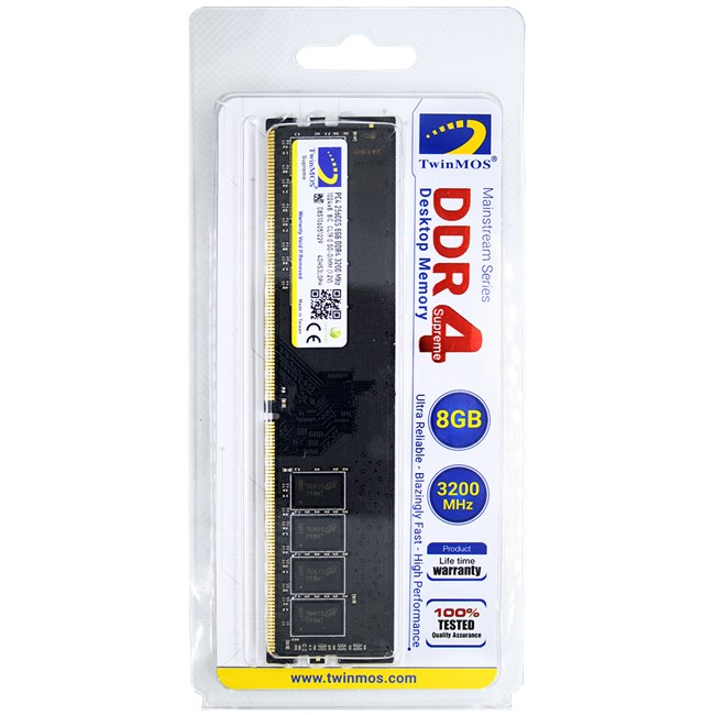TwinMOS DDR4 8GB 3200MHz masaüstü RAM perakende ambalajında.