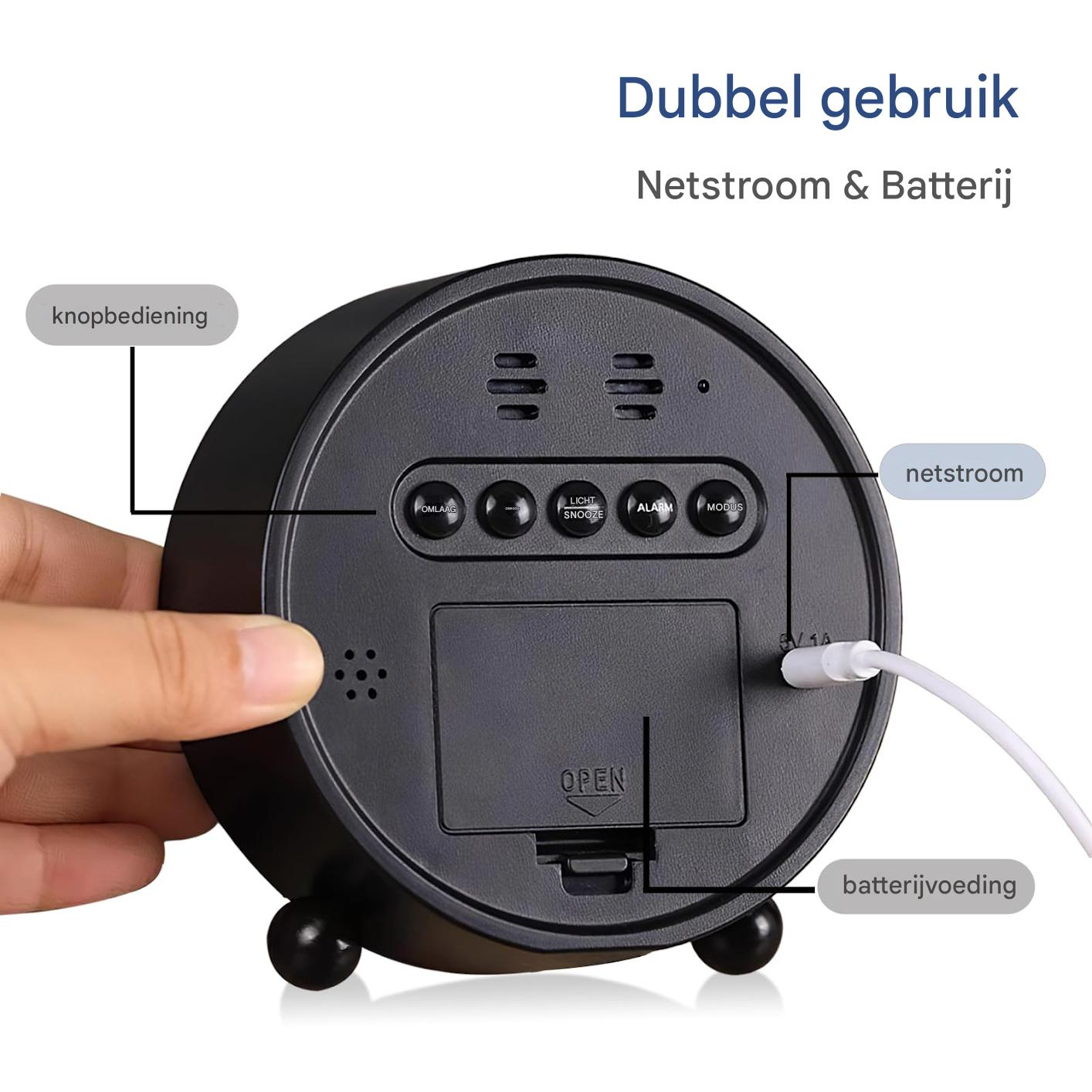 Schwarzer Wecker mit Tasten und Anschlüssen für Netzstrom und Batterie.