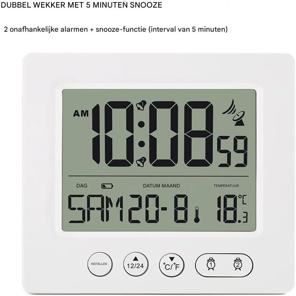 Ein weißer Digitalwecker zeigt 10:08 AM, Samstag 20. August und 18,3°C an.