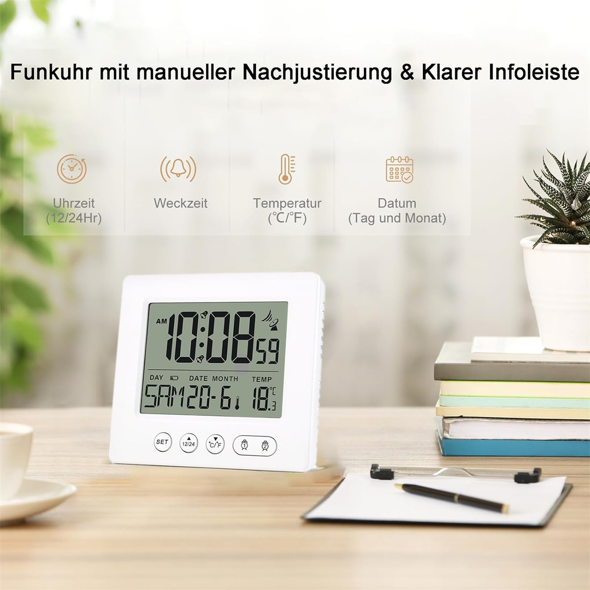 Digitaluhr zeigt 10:08 Uhr, Datum, Temperatur 18.3°C. Funkuhr mit Symbolen.