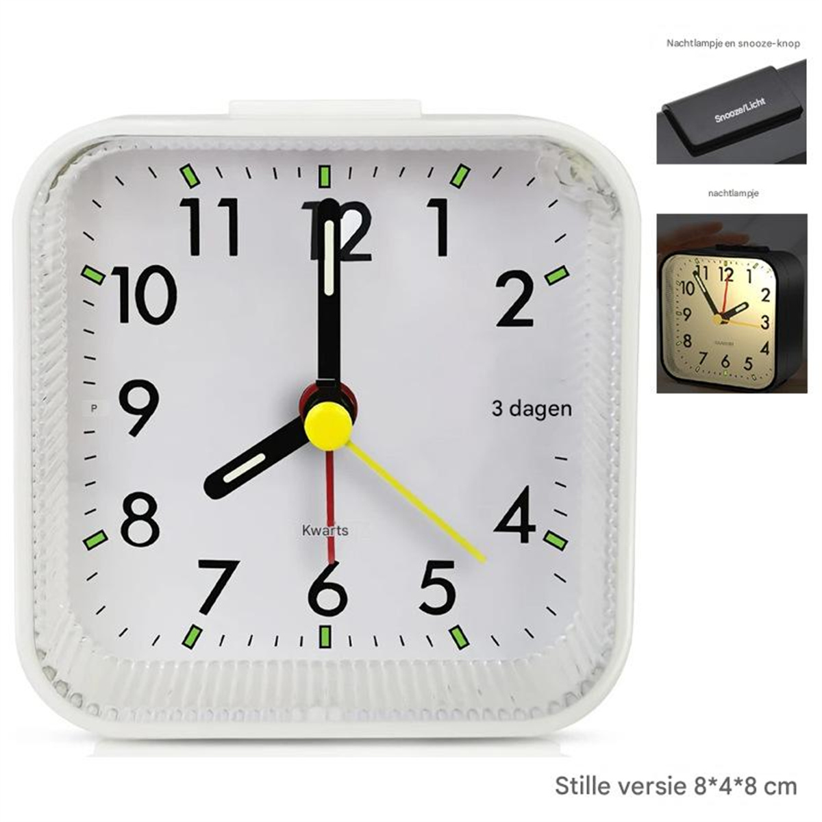 Ein weißer Wecker mit schwarzen Zeigern, die 8:09 Uhr anzeigen. Daneben kleine Bilder.