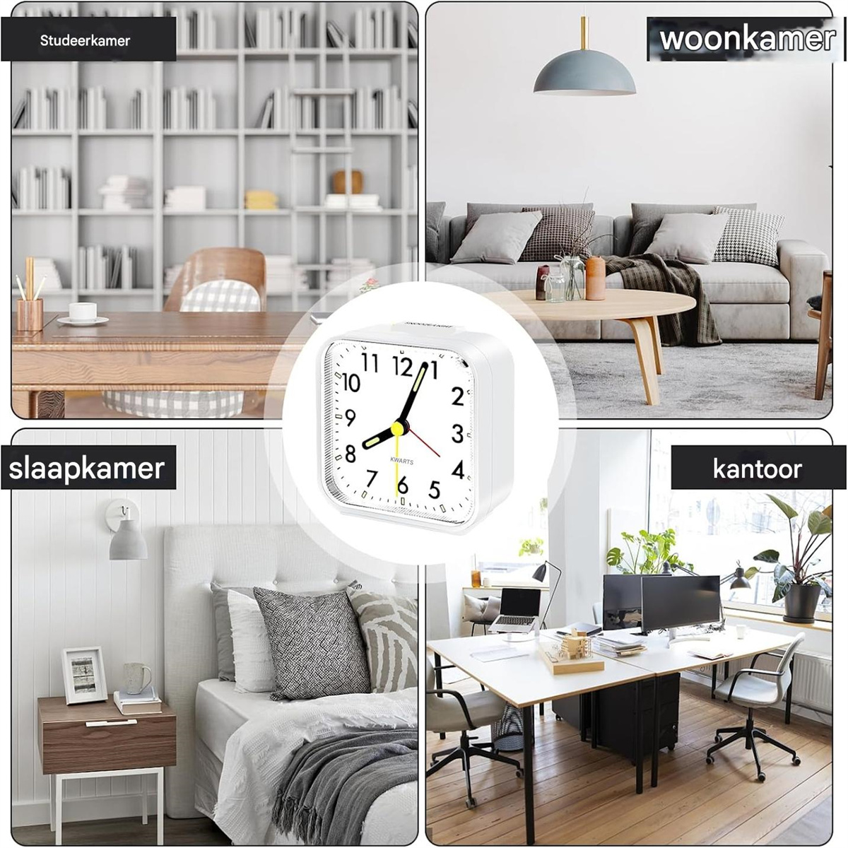 Vier Räume: Studierzimmer, Wohnzimmer, Schlafzimmer, Büro und ein Wecker.