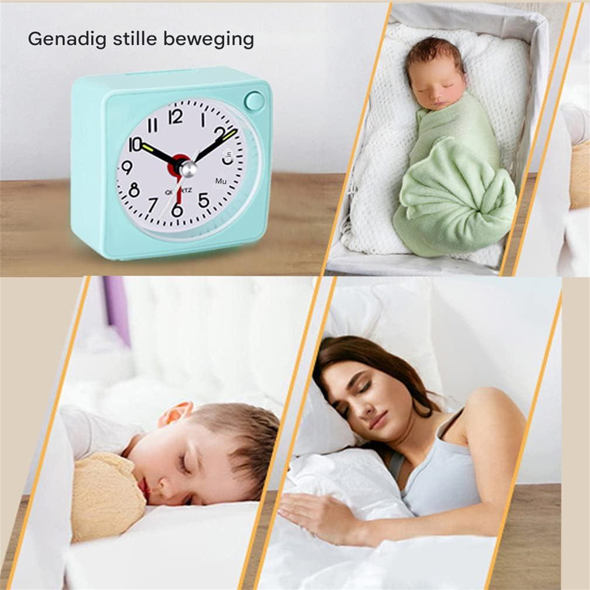 Ein hellblauer Wecker steht auf einem Holztisch neben einem schlafenden Baby, einem Kind und einer Frau.