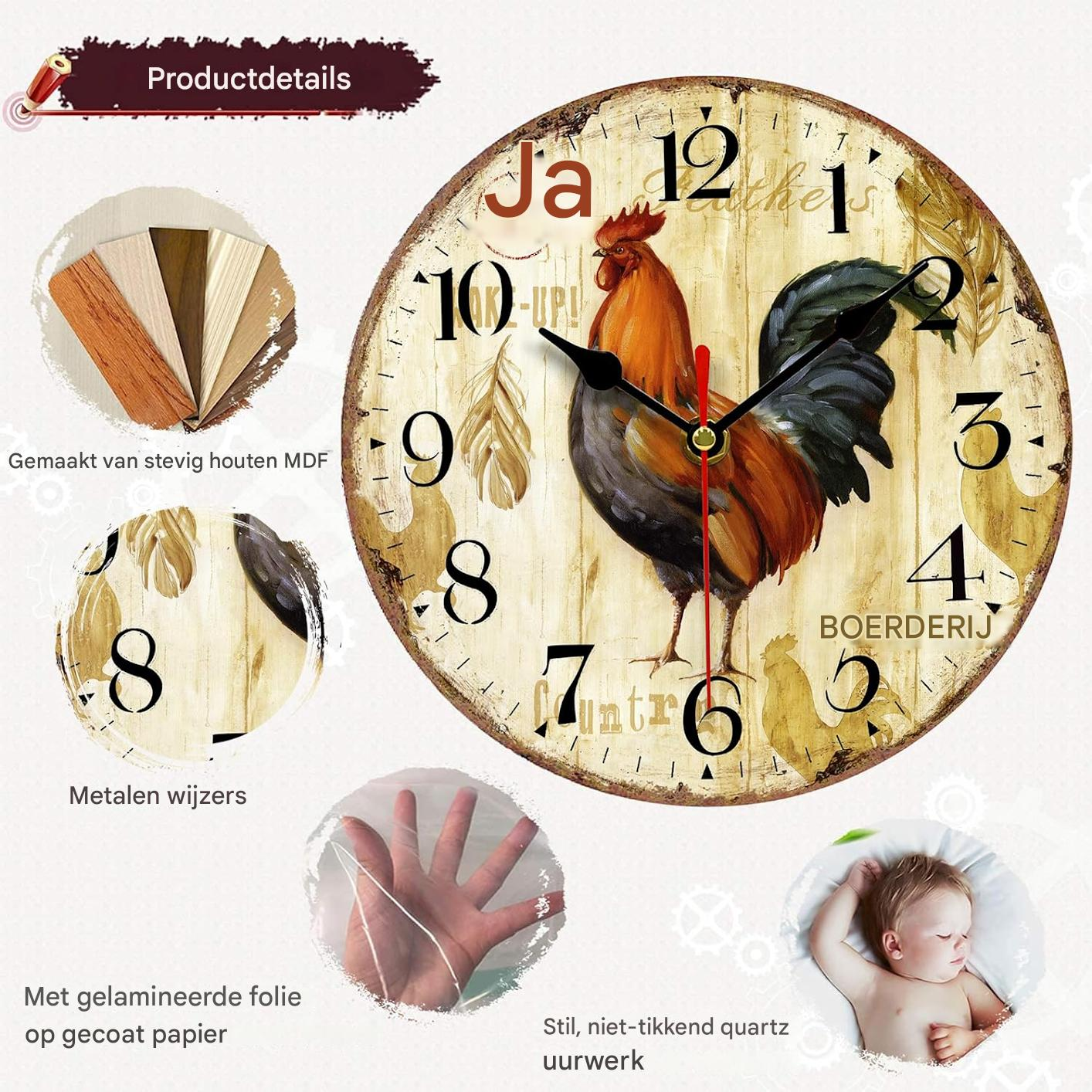 Eine Wanduhr mit einem Hahn, Federn und Zahlen. Details zeigen Holzarten und einen schlafenden Jungen.