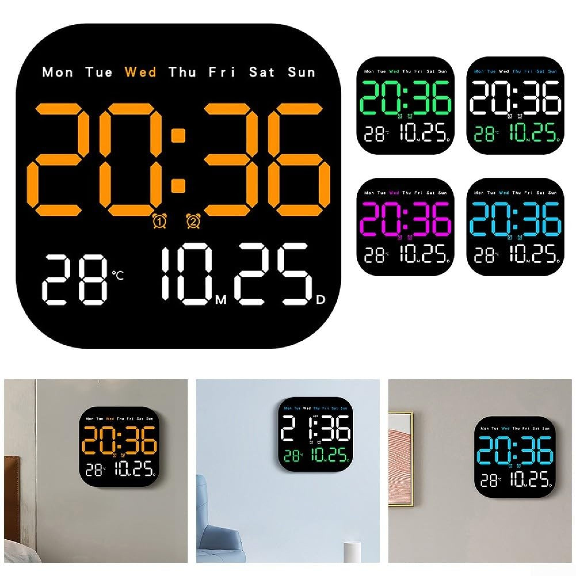 Digitale Uhr mit orangefarbener Zeit 20:36 und Datum 28.10.25.