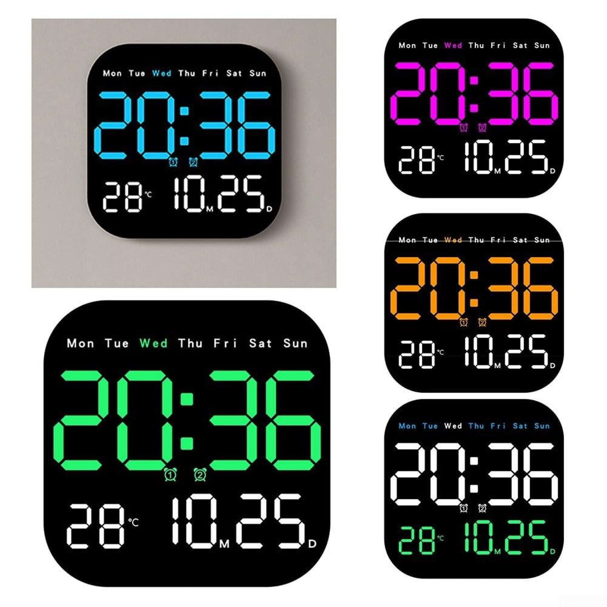 Digitaluhr zeigt 20:36, 28 Grad und 10.25. Mehrere Farben.