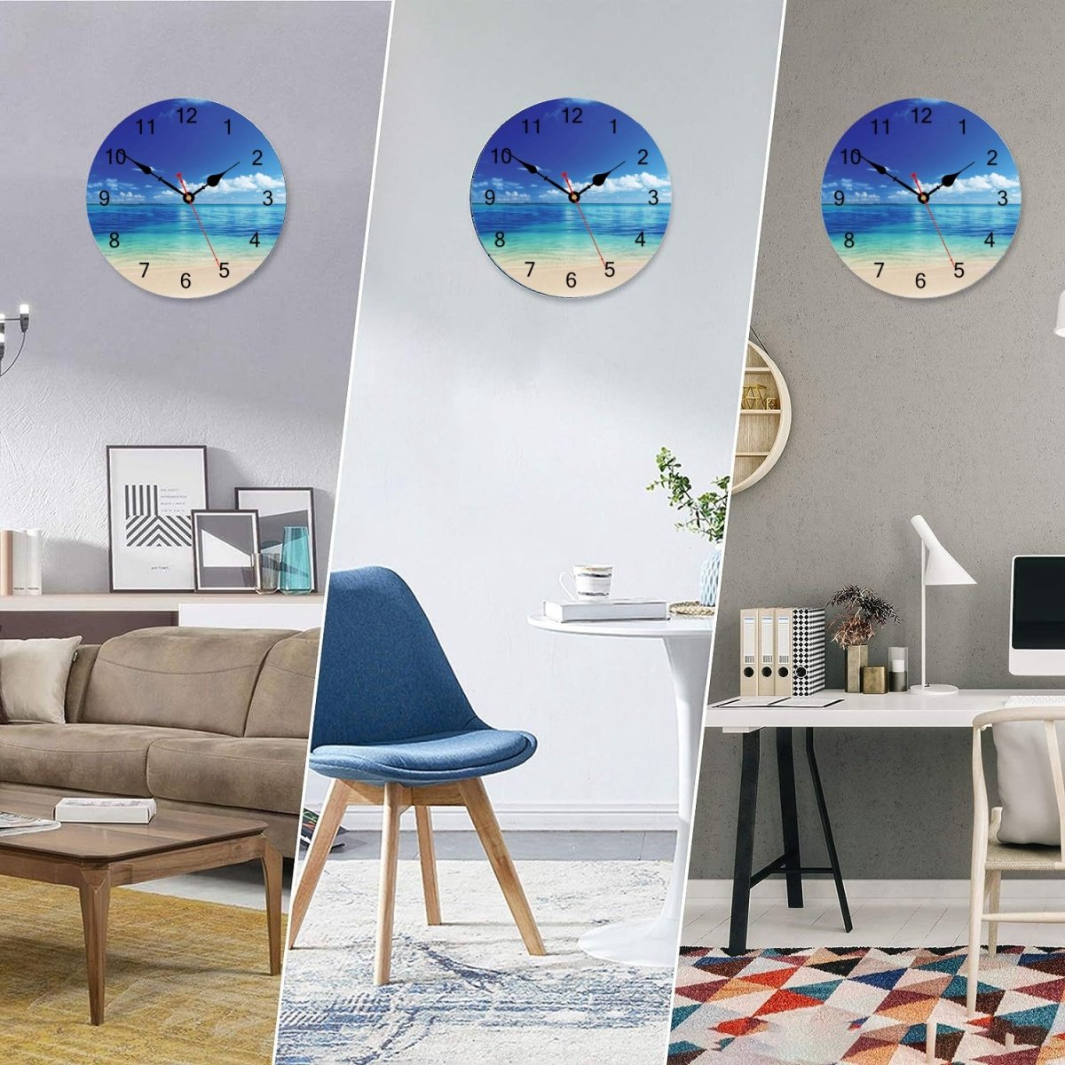 Drei Uhren mit Strandmotiv an Wänden in verschiedenen Räumen.