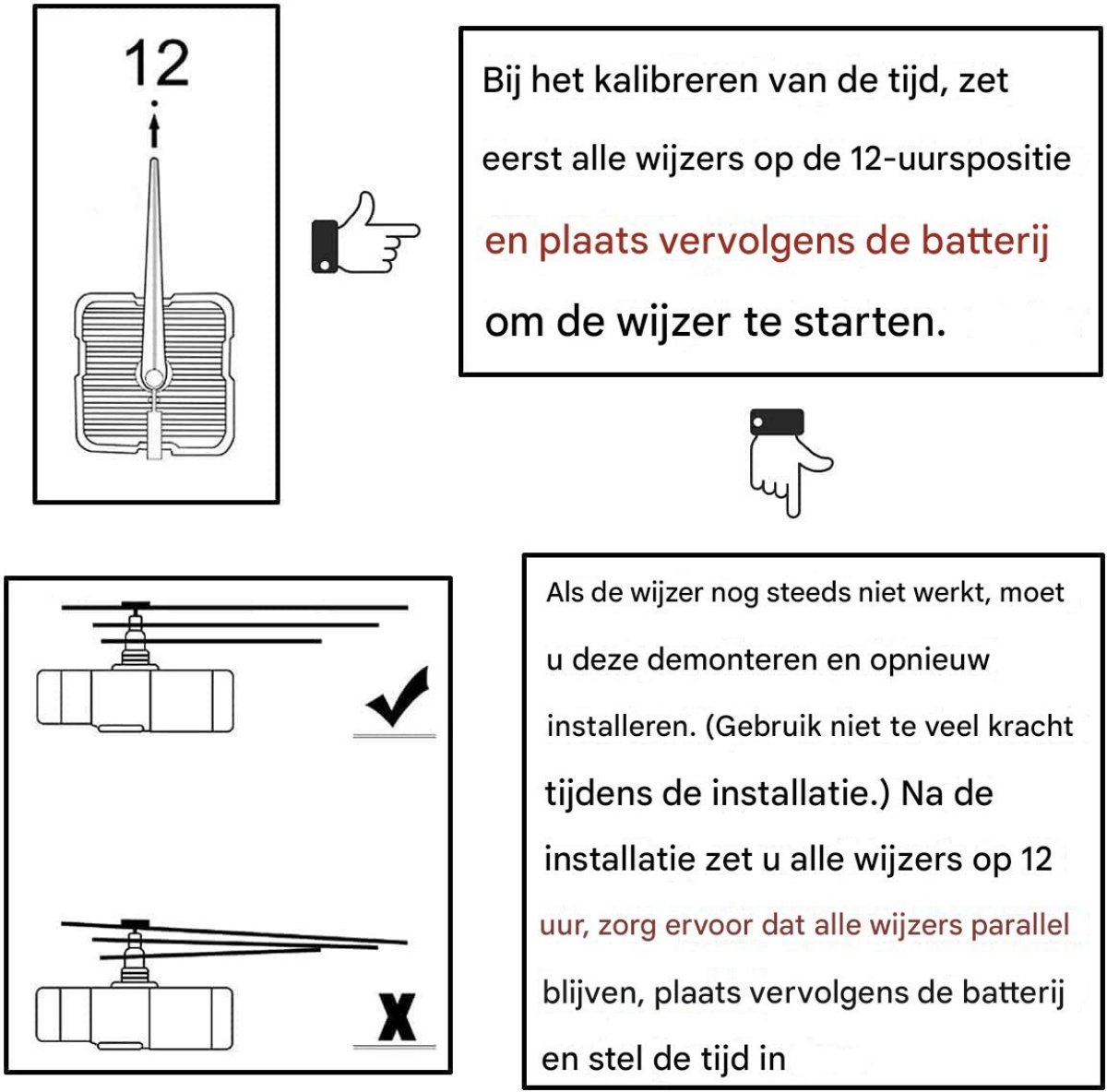 Bild 1: Anleitung zum Einstellen von Uhrzeigern und Einlegen der Batterie. Bild 2: Erfolg und Misserfolg bei der Installation.