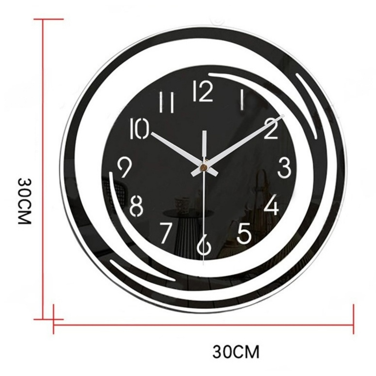 Eine schwarze Wanduhr mit weißen Ziffern und Zeigern, 30cm Durchmesser.
