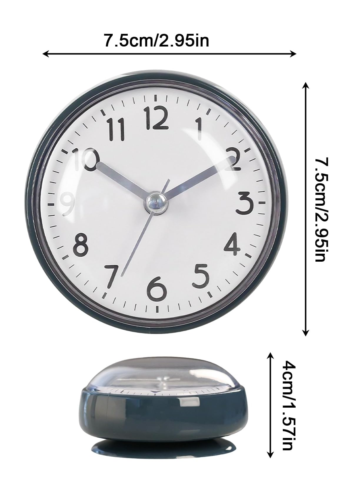 Eine runde dunkelgrüne Uhr mit weißen Ziffern und Zeigern.