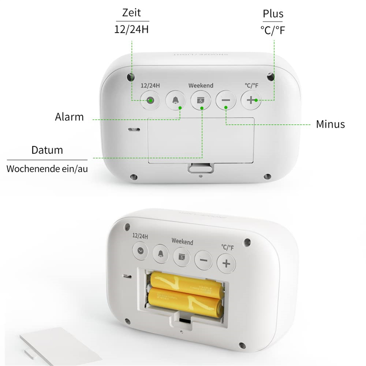 Ein weißer Wecker mit Batteriefach und Beschriftungen für Funktionen.