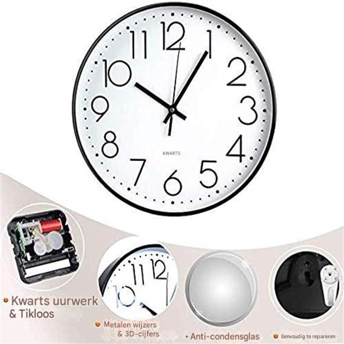 Eine Wanduhr mit schwarzen Ziffern, Zeigern und einem schwarzen Rahmen.