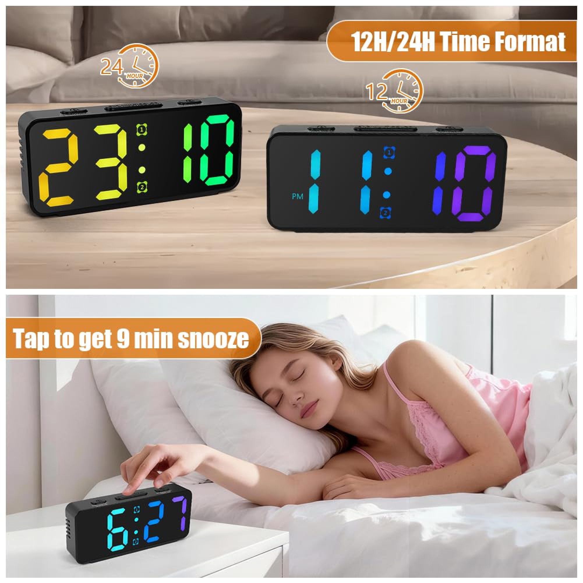Digitaluhren zeigen 23:10 und 11:10. Eine Frau schläft im Bett.