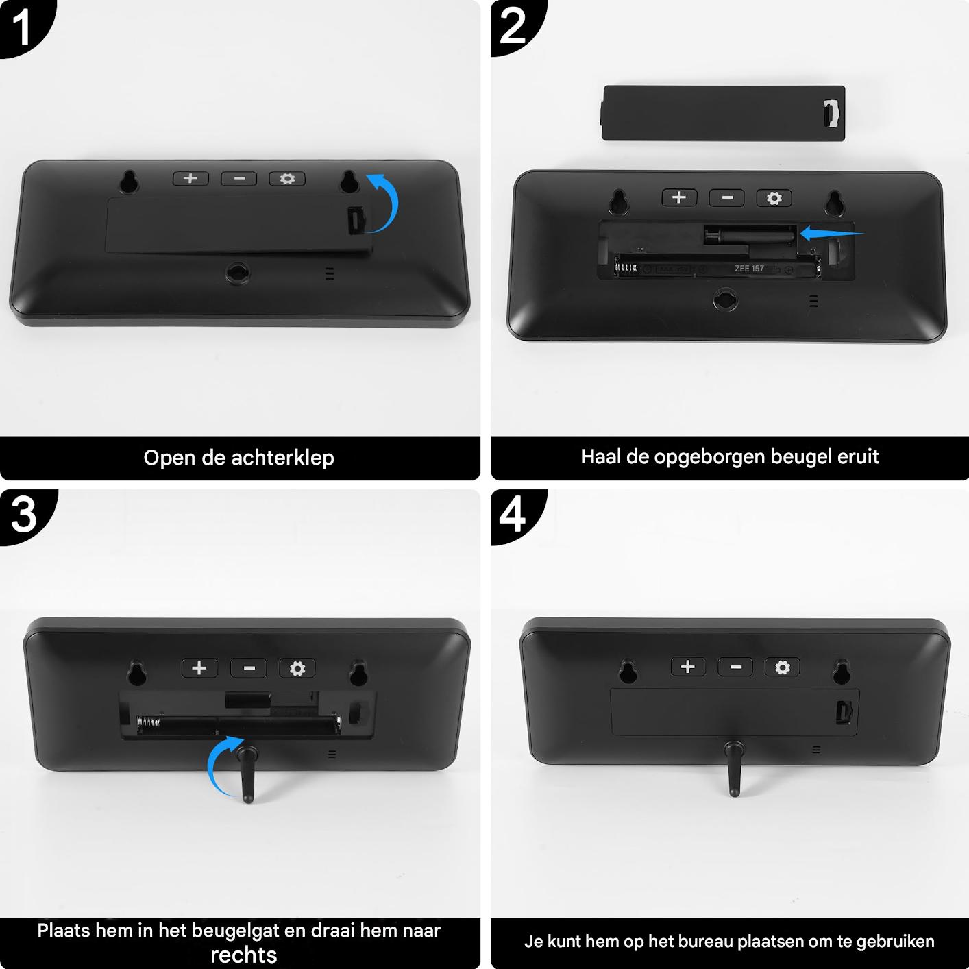 Rückseite eines schwarzen digitalen Weckers: 1. Gehäuse öffnen. 2. Halterung entnehmen. 3. Halterung einsetzen. 4. Aufstellen.