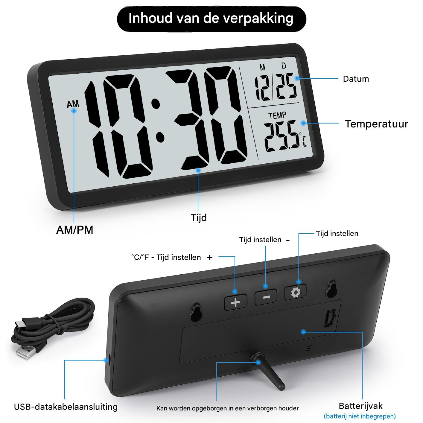 Digitaluhr mit Datum, Temperatur und USB-Anschluss. Rückseite mit Tasten und Batteriefach.