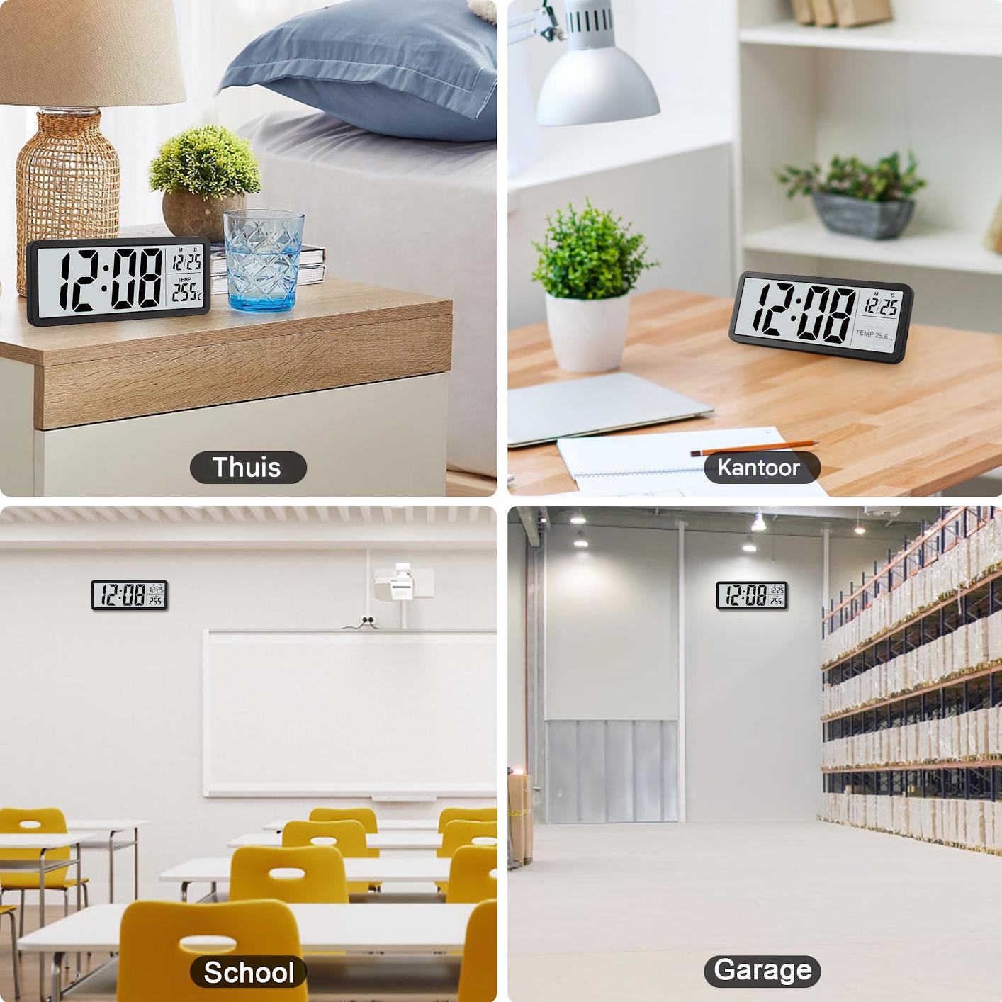 Digitale Uhren in verschiedenen Umgebungen: Schlafzimmer, Büro, Klassenzimmer, Lager.