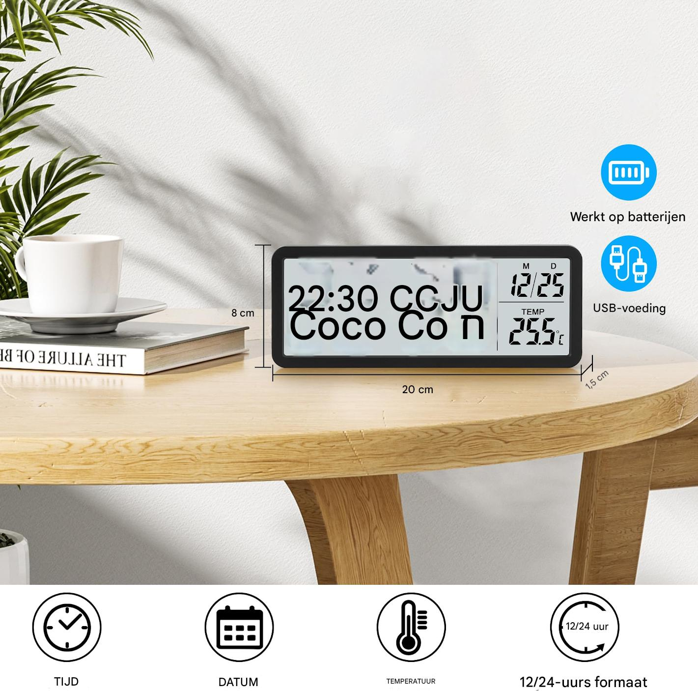 Ein digitaler Wecker auf einem Holztisch zeigt 22:30 Uhr und 25,5°C an.