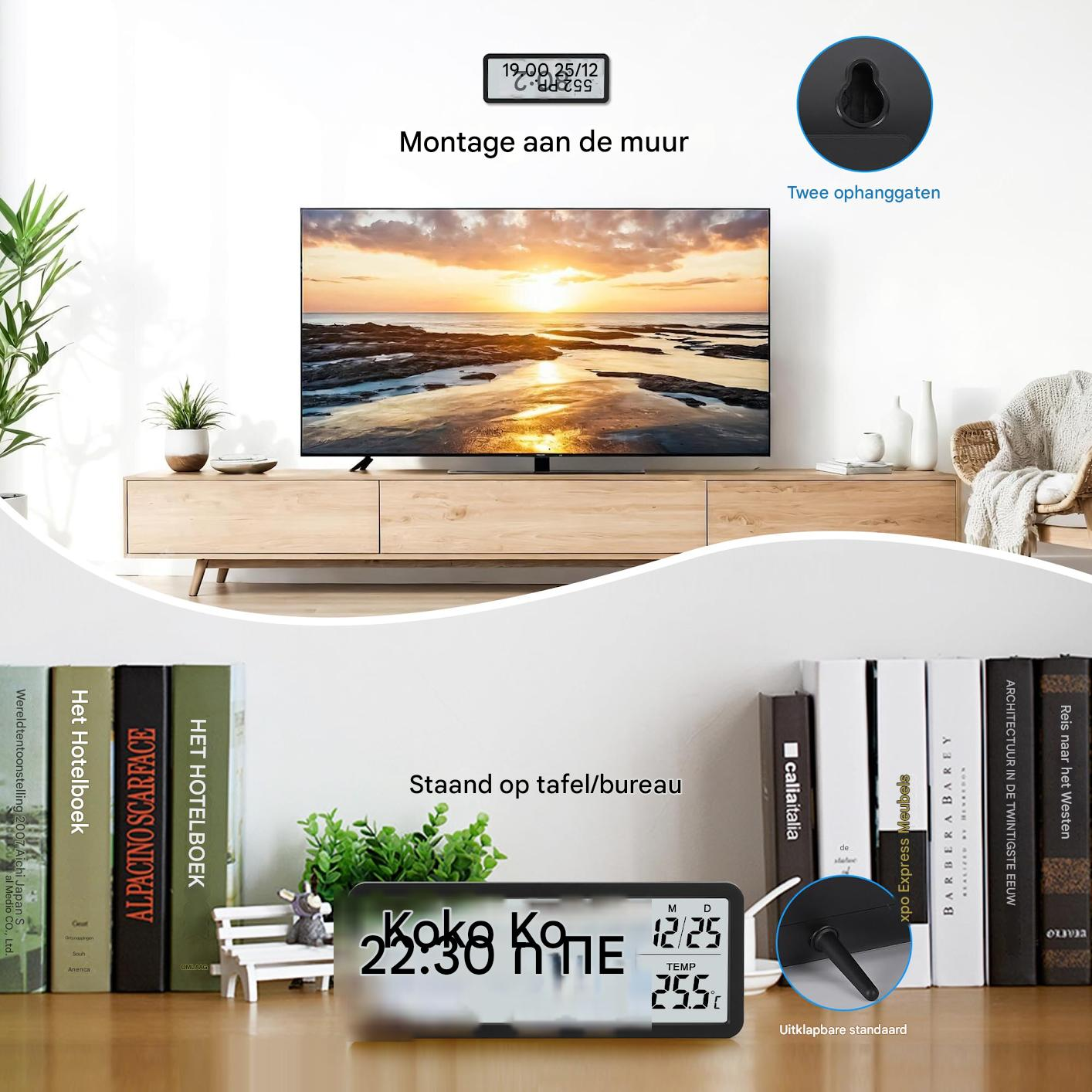 Ein Fernseher steht auf einem Holzschrank. Unten liegen Bücher und eine Uhr.