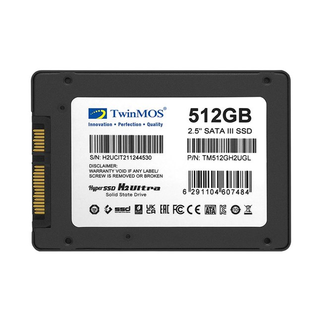 Gümüş etiketli siyah 512 GB 2,5 inç TwinMOS SATA III SSD.