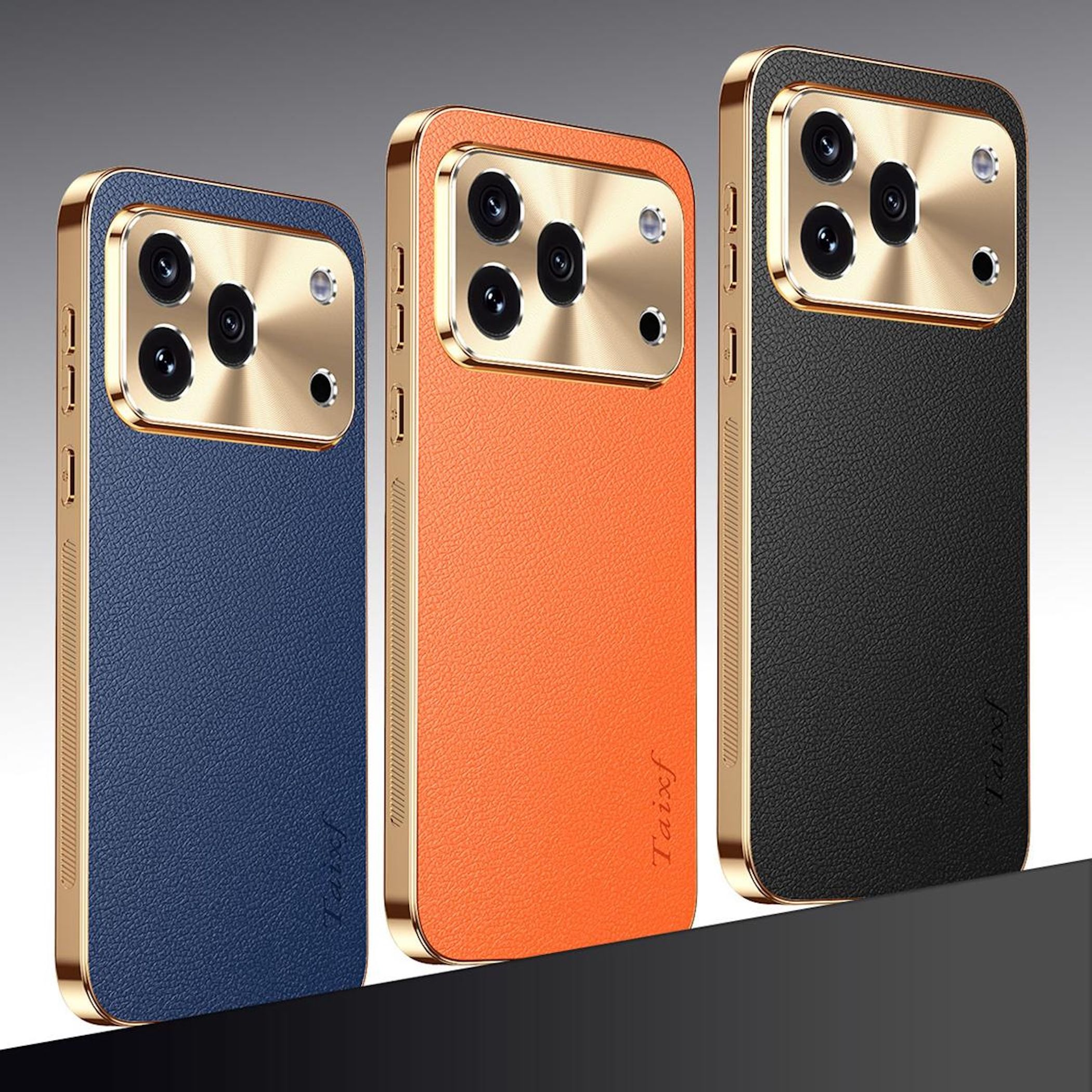 Drei Smartphone-Hüllen: blau, orange, schwarz mit Goldrahmen und Kameras.