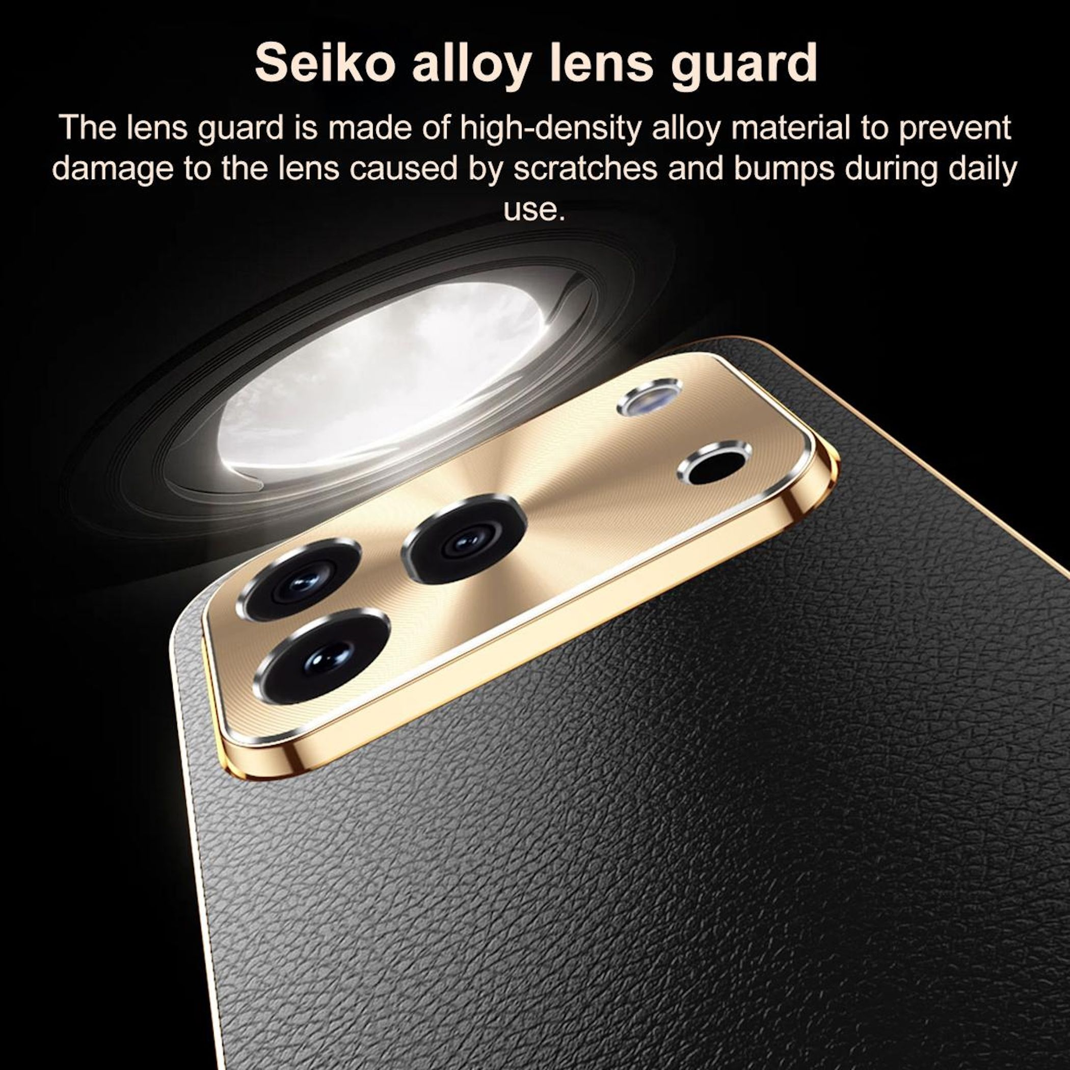 Goldene Handy-Rückseite mit schwarzer Textur und Kameralinsenschutz.