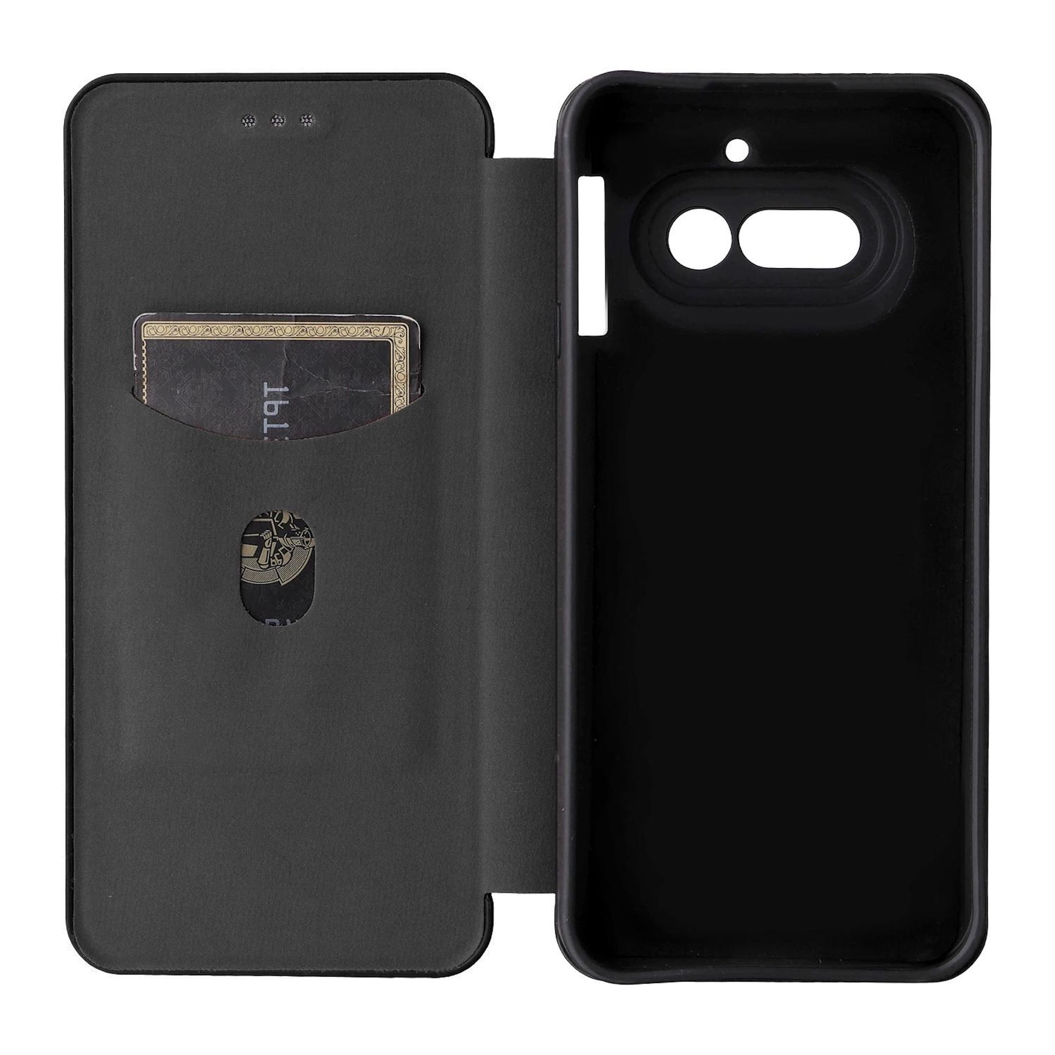 Una funda negra para teléfono con ranura para tarjetas y textura.