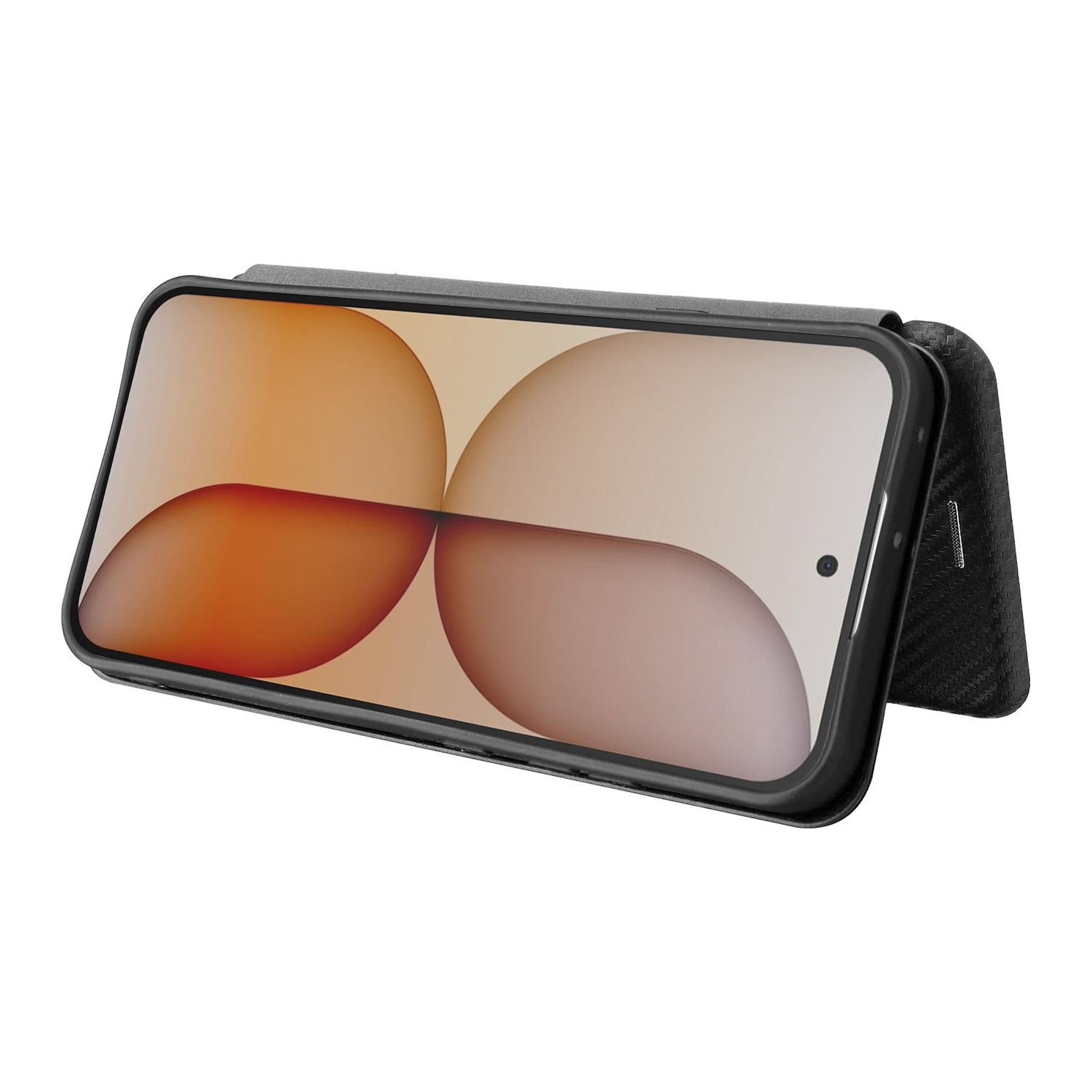 Un smartphone negro en una funda de fibra de carbono, de pie. La pantalla muestra gráficos abstractos.