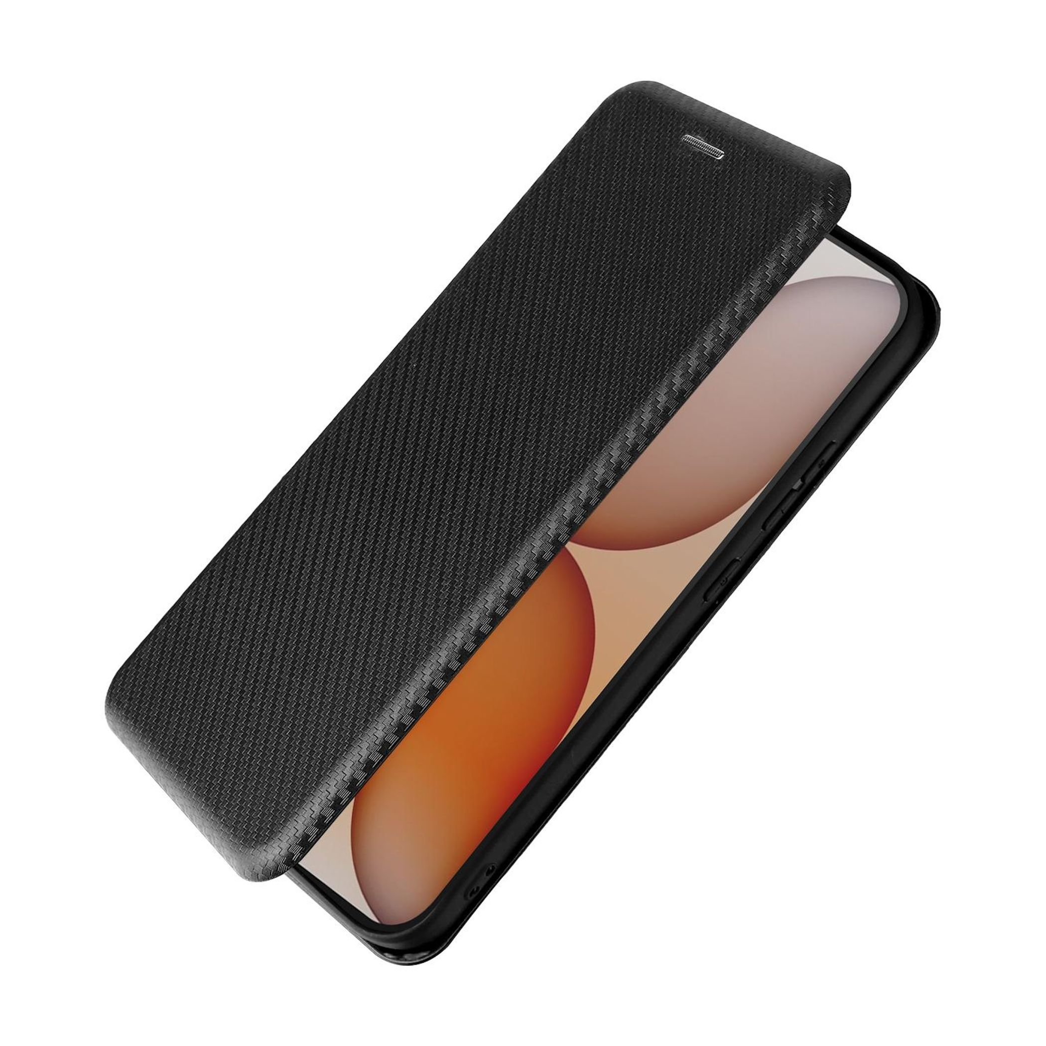 Teléfono negro con una funda abierta negra con patrón de carbono.