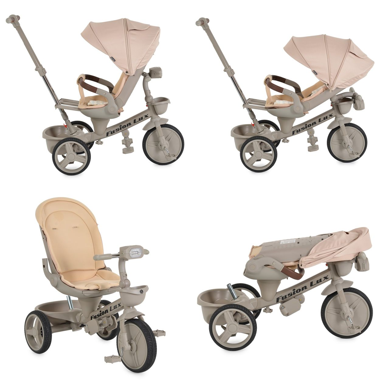 Ein beiger Kinderdreirad mit Verdeck, Sitz und Schubstange.