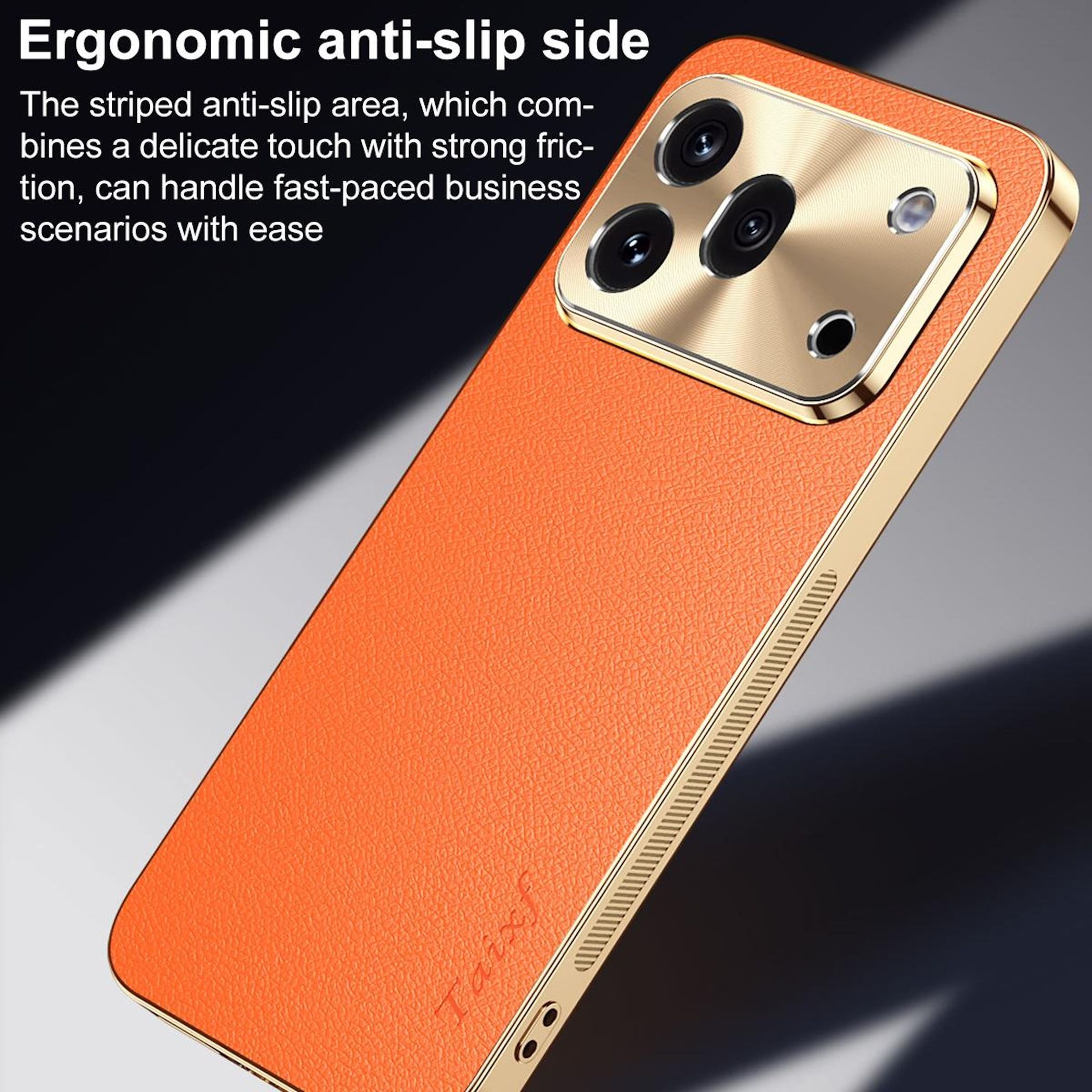 Orange Lederhülle mit Goldrand und Kameramodul.