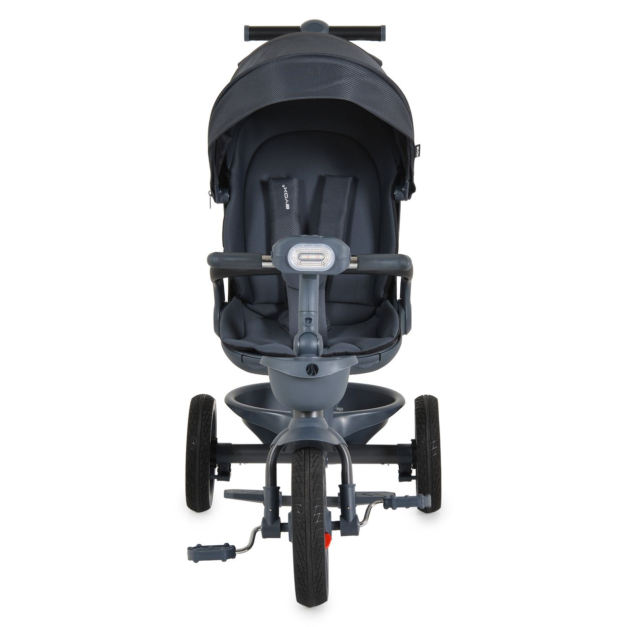 Grauer Dreirad-Kinderwagen mit Verdeck, Sitz und Lenker.