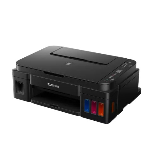 Una stampante Canon nera con serbatoi d'inchiostro visibili blu, magenta e arancioni.
