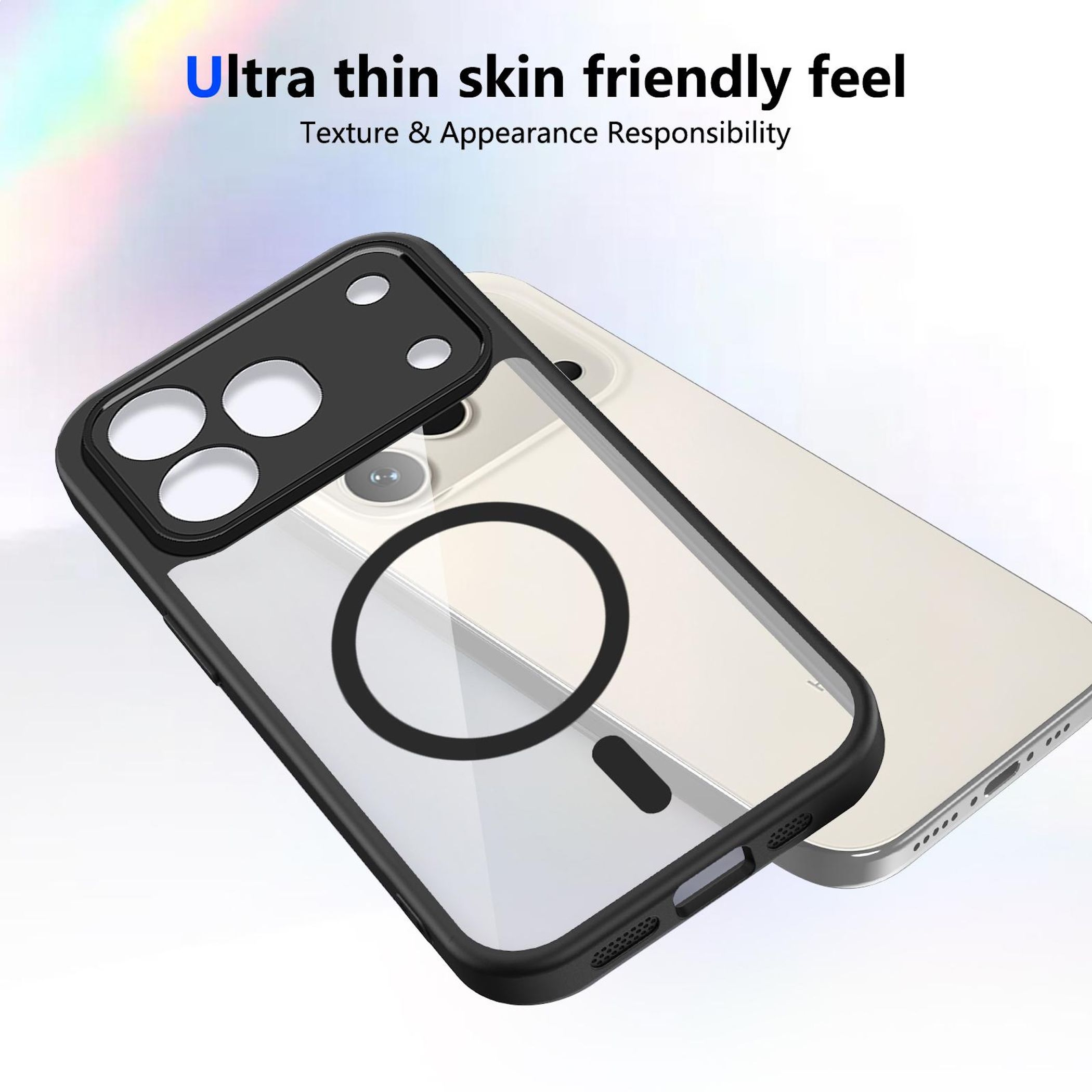 Eine transparente Handyhülle mit schwarzem Rand und Kamerablock auf einem Smartphone.