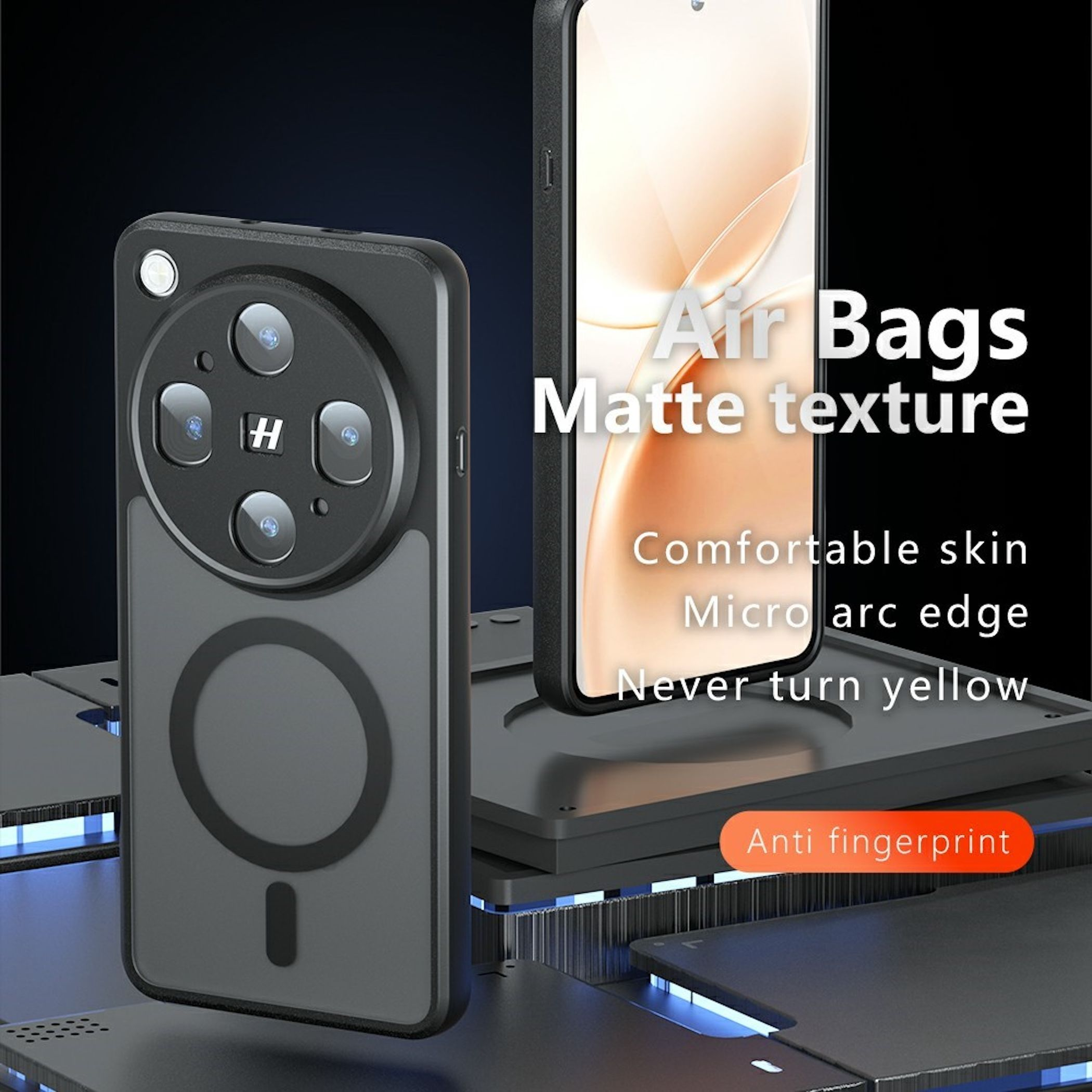 Funda negra para teléfono con recorte de cámara y anillo magnético. Texto: Air Bags, Matte Texture.